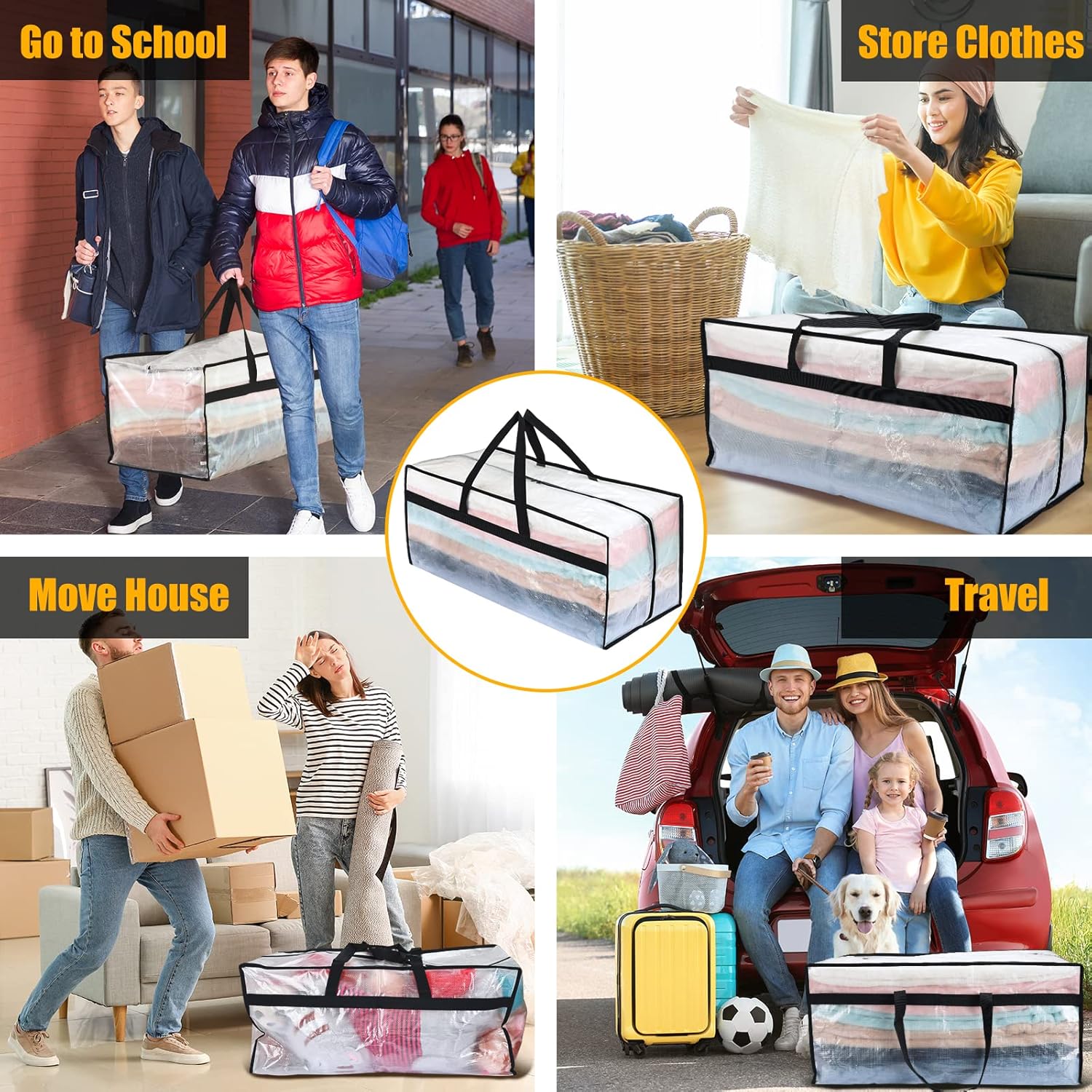 Fixwal Paquete de 4 bolsas de mudanza, suministros de mudanza, bolsas de almacenamiento grandes de gran tamaño con correas de mochila, asas fuertes,