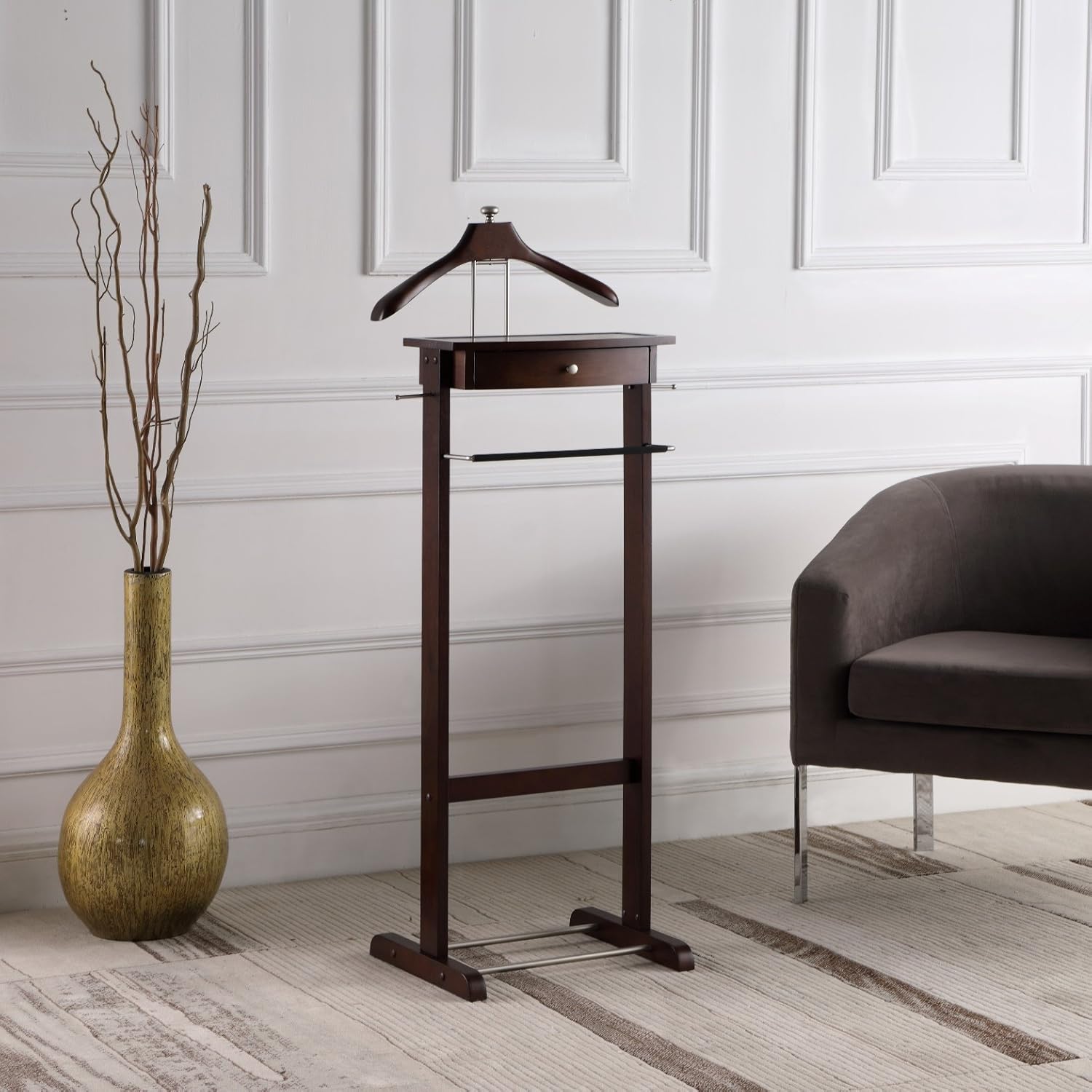 Proman Products Kingston III VL16260 – Soporte de valet con cajón, colgador de contorno, barra para pantalones, ganchos para cinturón y corbata y