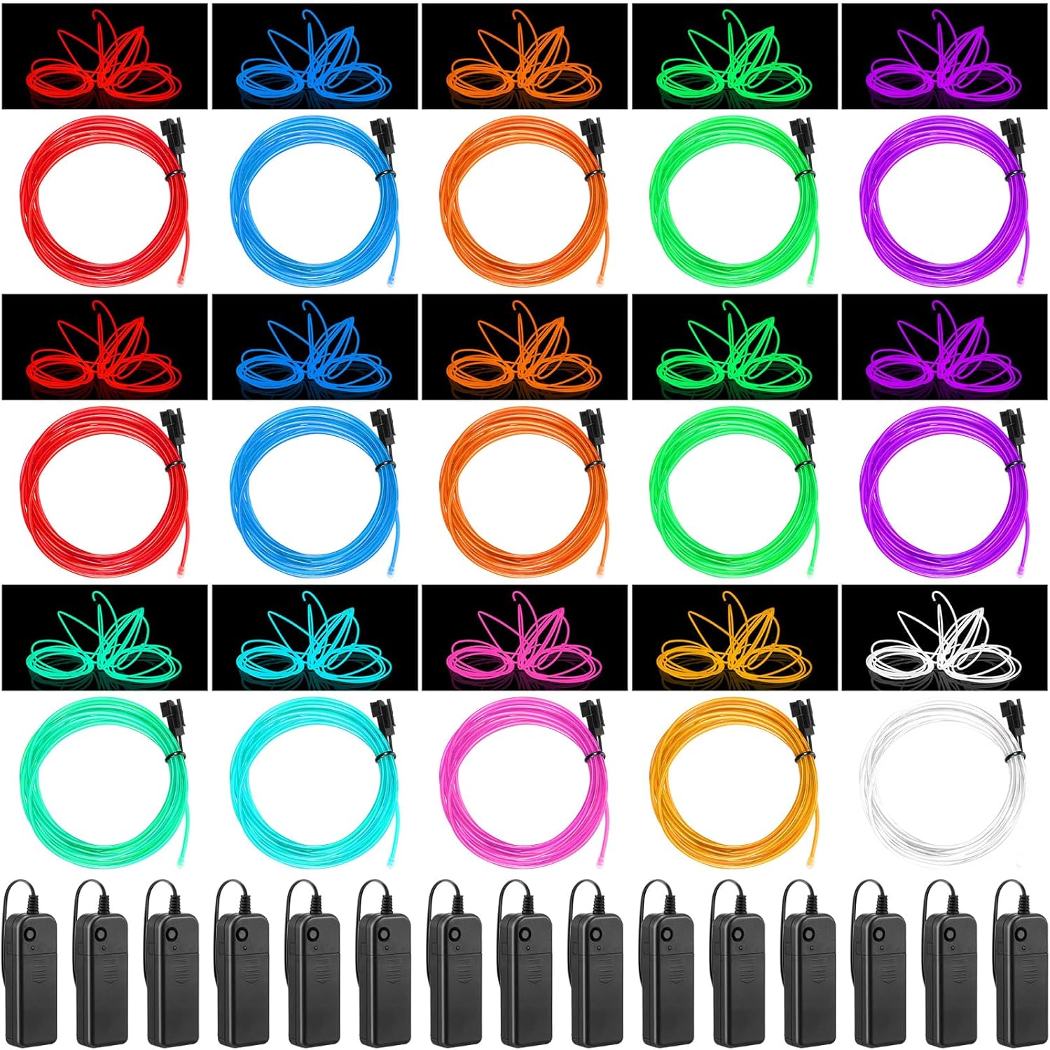 Paquete de 15 luces de neón portátiles con cable EL, cortables, luz electroluminiscente, funciona con pilas, luces LED que brillan en la oscuridad,