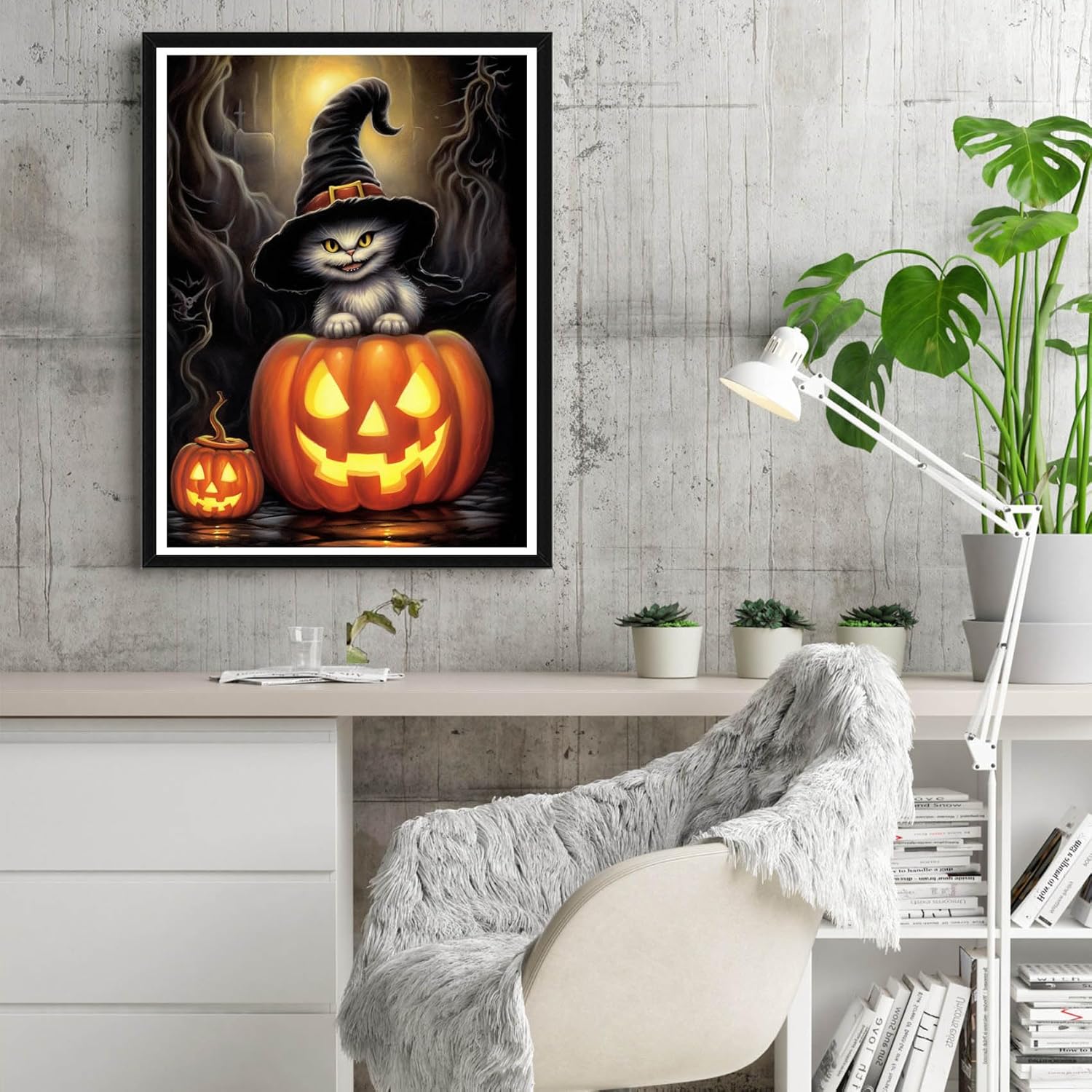 Reofrey Kits de pintura de diamantes para adultos, calabaza, gato, arte de diamantes de Halloween, taladro completo redondo con diamantes de