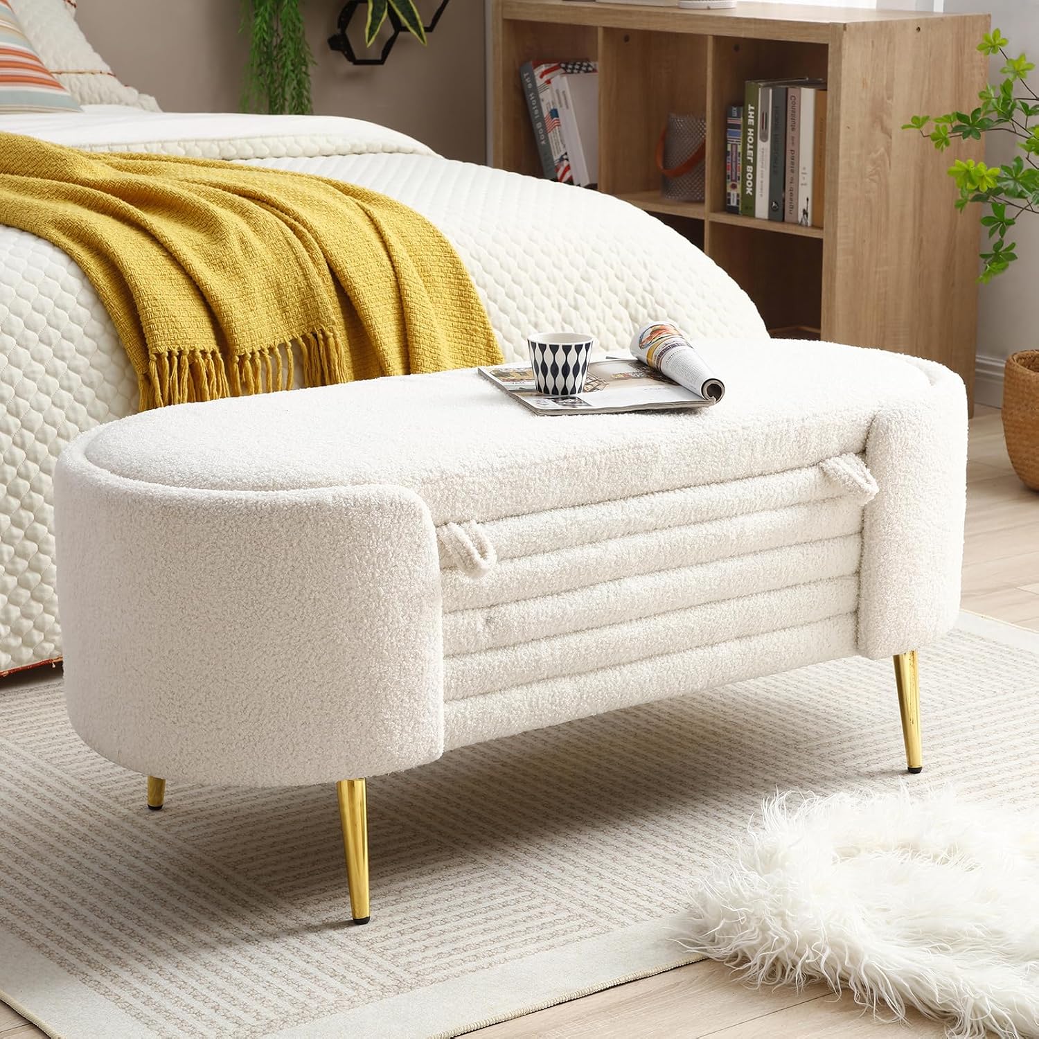 Homtique Banco otomano moderno de almacenamiento, banco de almacenamiento tapizado de tela Sherpa de 47.6 pulgadas, banco de almacenamiento con