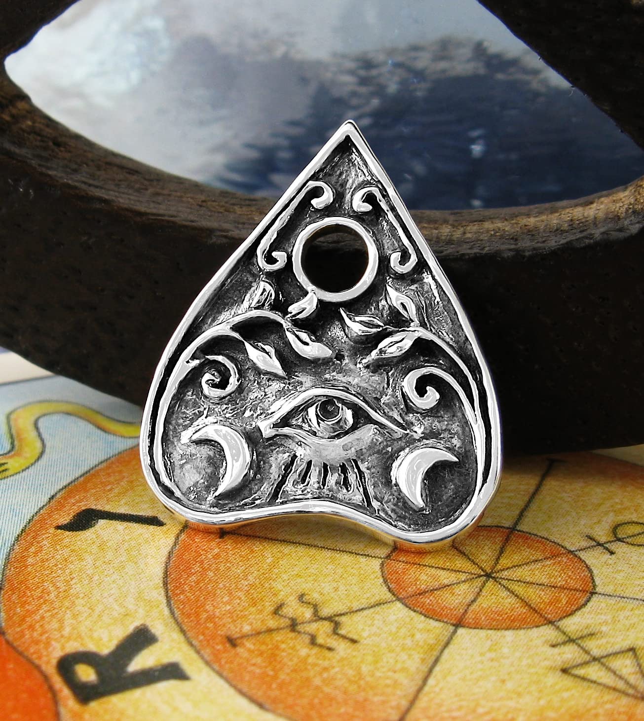 Ouija Planchette Pendant Crescent Moons Floral Vines Evil Eye Spirit Trance Talking Board 100% Handmade Fine Silver