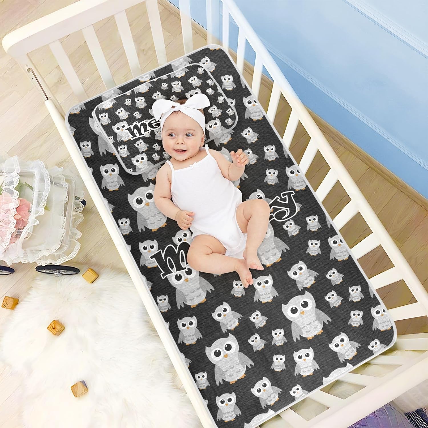 Custom Gray Owls Black Crib Mattress Protector Pad for Boys Girls Baby Ice Silk Mat Bed Pack and Play Sheets Cooling Mattress Topper for Toddler