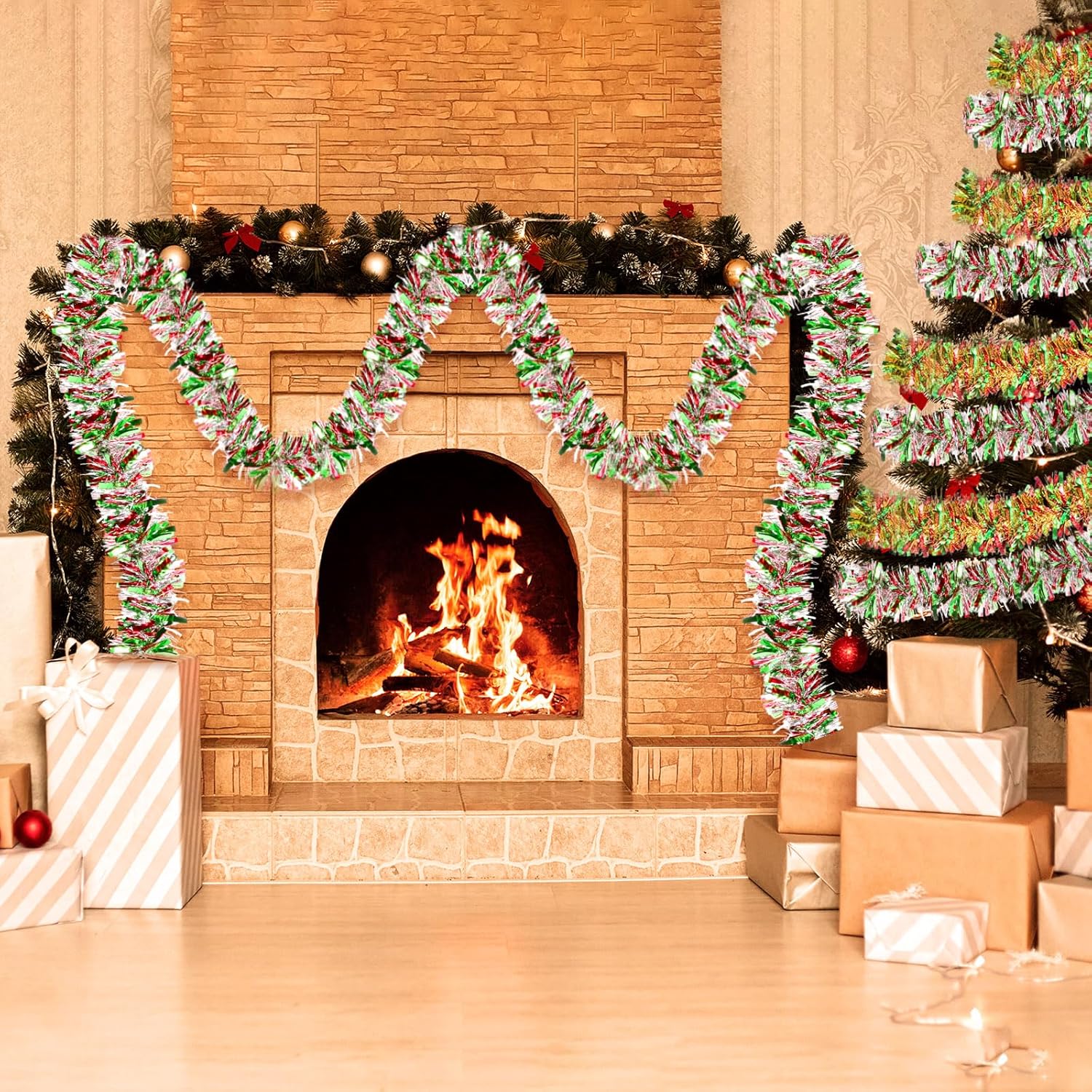 Guirnalda de oropel de Navidad de 131 pies, guirnalda metálica para árbol de Navidad, ornamentos colgantes de techo de papel de aluminio,
