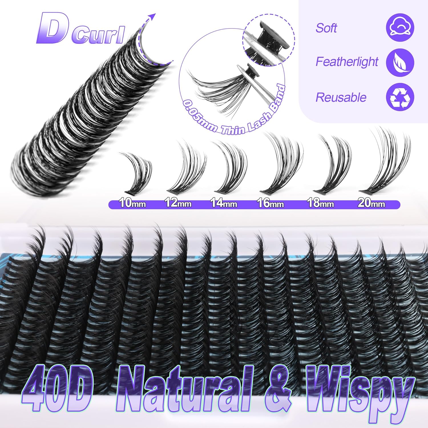 Kit de 320 extensiones de pestañas 40D Wispy D Curl extensiones de pestañas de 0.39 a 0.78 pulgadas, racimos individuales con unión y sello,