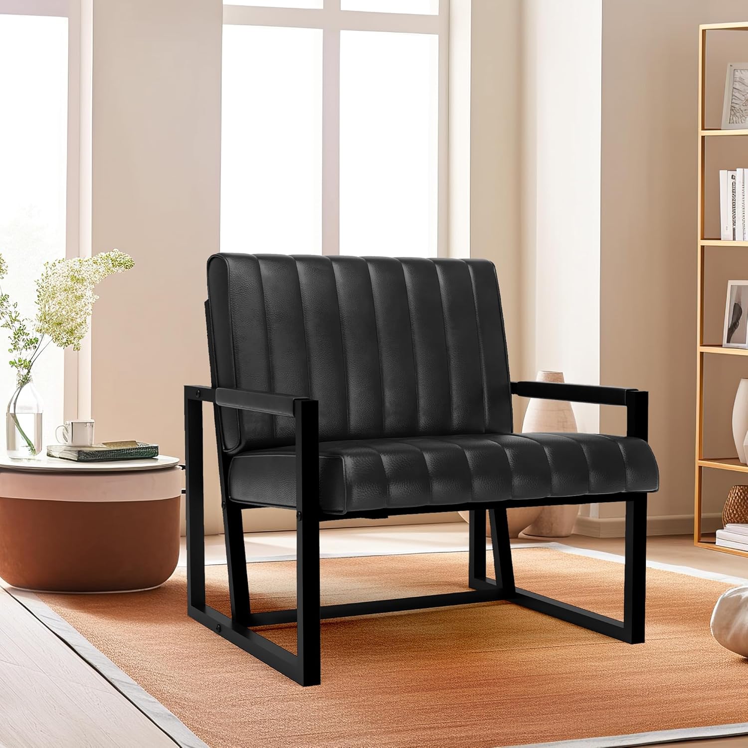 Recaceik Silla decorativa moderna de mediados de siglo, sillón tapizado de piel sintética con marco de metal, cojín de asiento de 4.1 pulgadas de