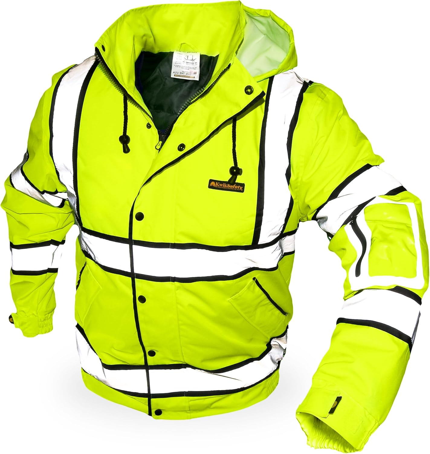 KwikSafety Chaqueta de seguridad ENFORCER, UNIVERSE & MARSHAL bolsillo para identificación y capucha plegable Clase 3 Probado por ANSI Cumple con