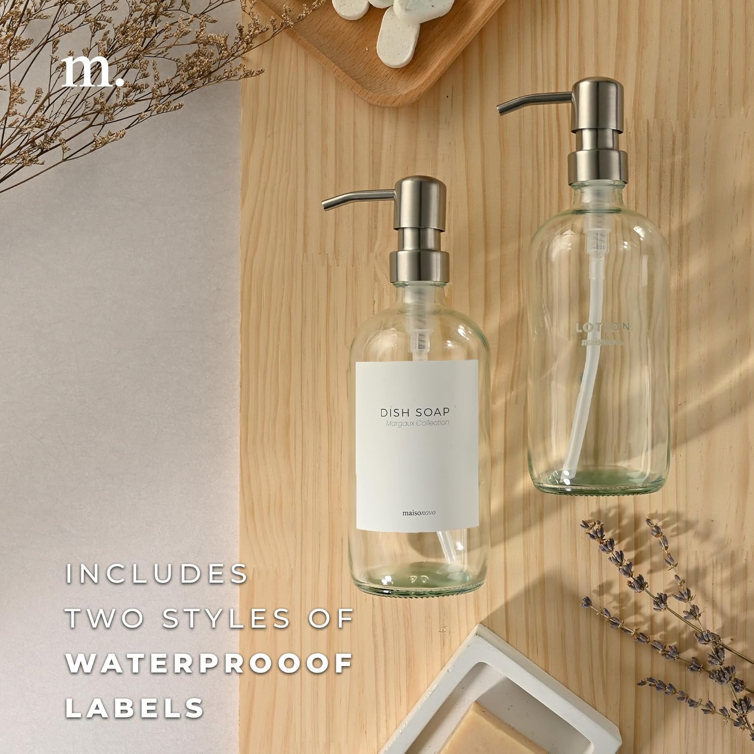 MaisoNovo Juego de dispensador de jabón y loción de baño  2 bombas plateadas de vidrio transparente