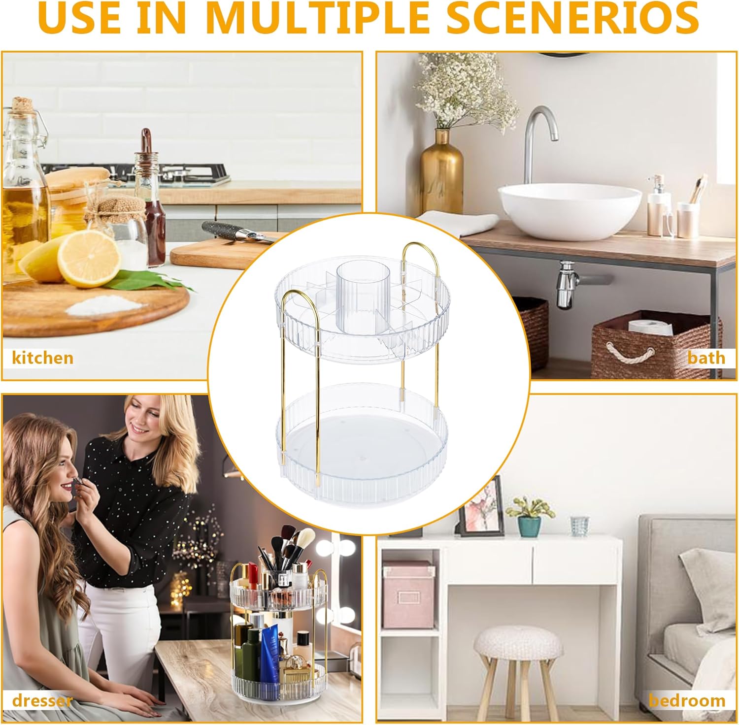 XISIYUJZ Organizador de maquillaje giratorio de 360 para tocador de 2 niveles, organizador de tocador de baño de alta capacidad, organizador de