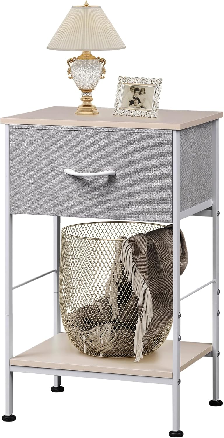 WLIVE Mesita de noche, mesa auxiliar con cajón de almacenamiento de tela y estante de madera abierto, muebles de noche con marco de acero, mesa