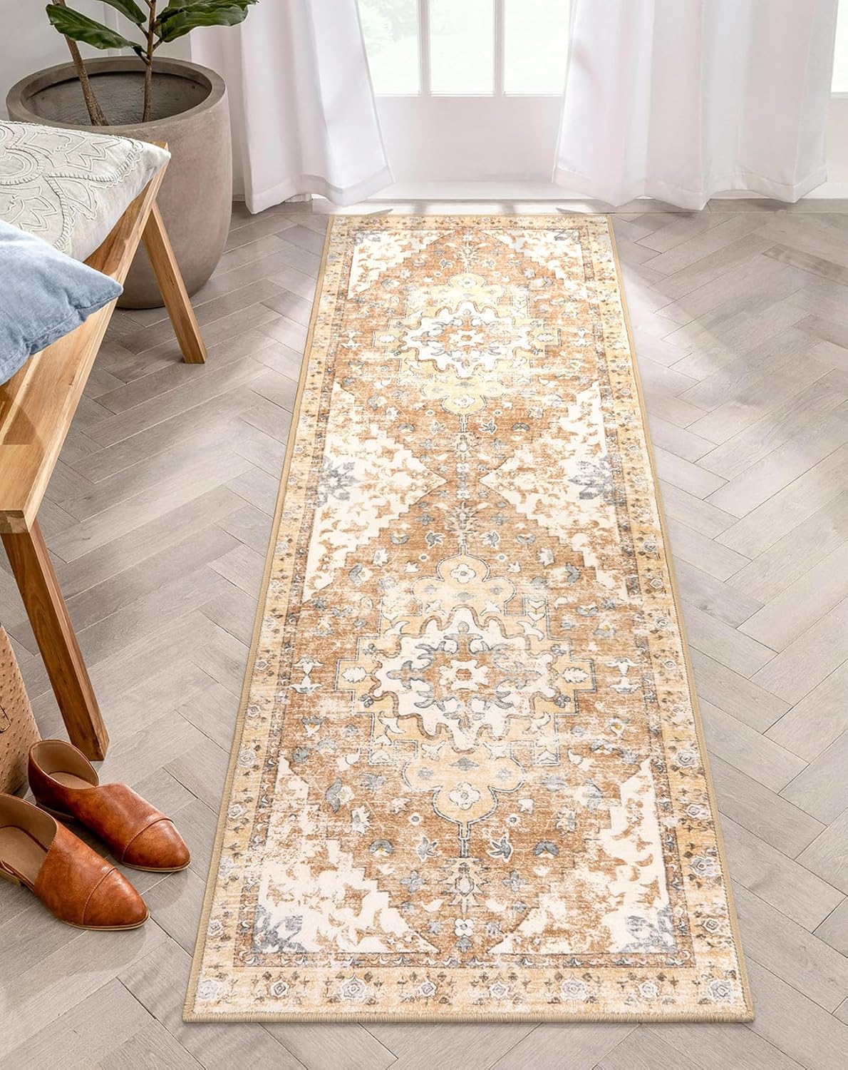 Uphome Alfombra de pasillo de 2 x 6 pies para pasillos, alfombra de entrada antideslizante lavable, suave, bohemio, vintage, alfombra oriental con