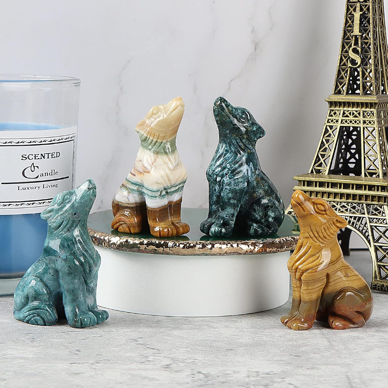 Artistone Estatua de lobo de cristal de jaspe oceánico de 2.0 pulgadas, figura de lobo deseada a mano, escultura de animales, piedra curativa para