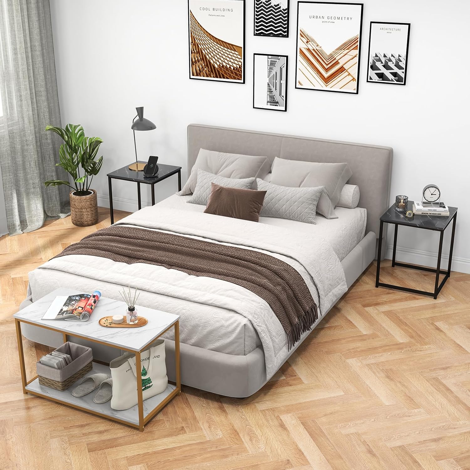 Giantex Moderna mesa auxiliar anidable, juego de 3 mesas auxiliares de mármol sintético con marco de metal resistente, 1 mesa rectangular y 2 mesas