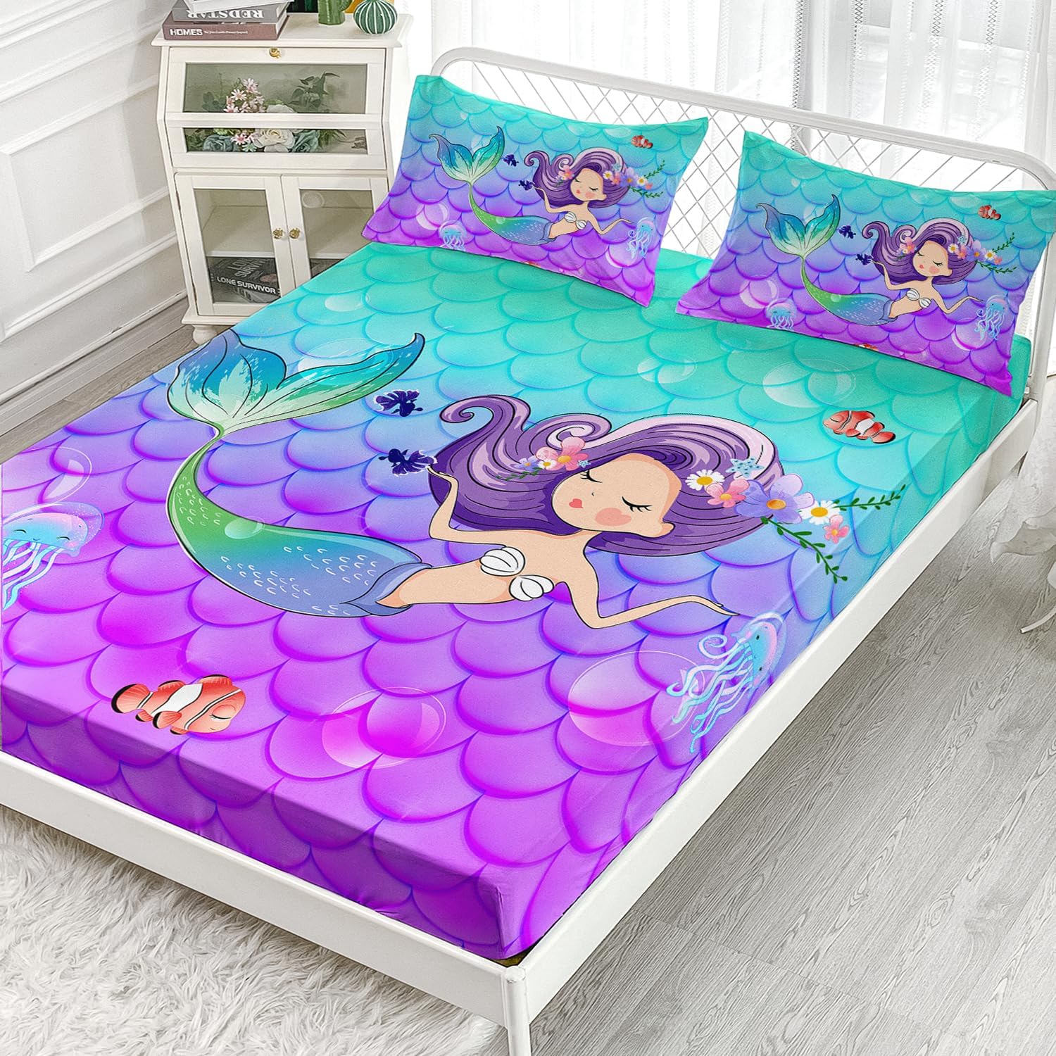 AILONEN Bonita sábana bajera ajustable de sirena de dibujos animados, tamaño individual, hermoso juego de sábanas con temática de medusa para niños