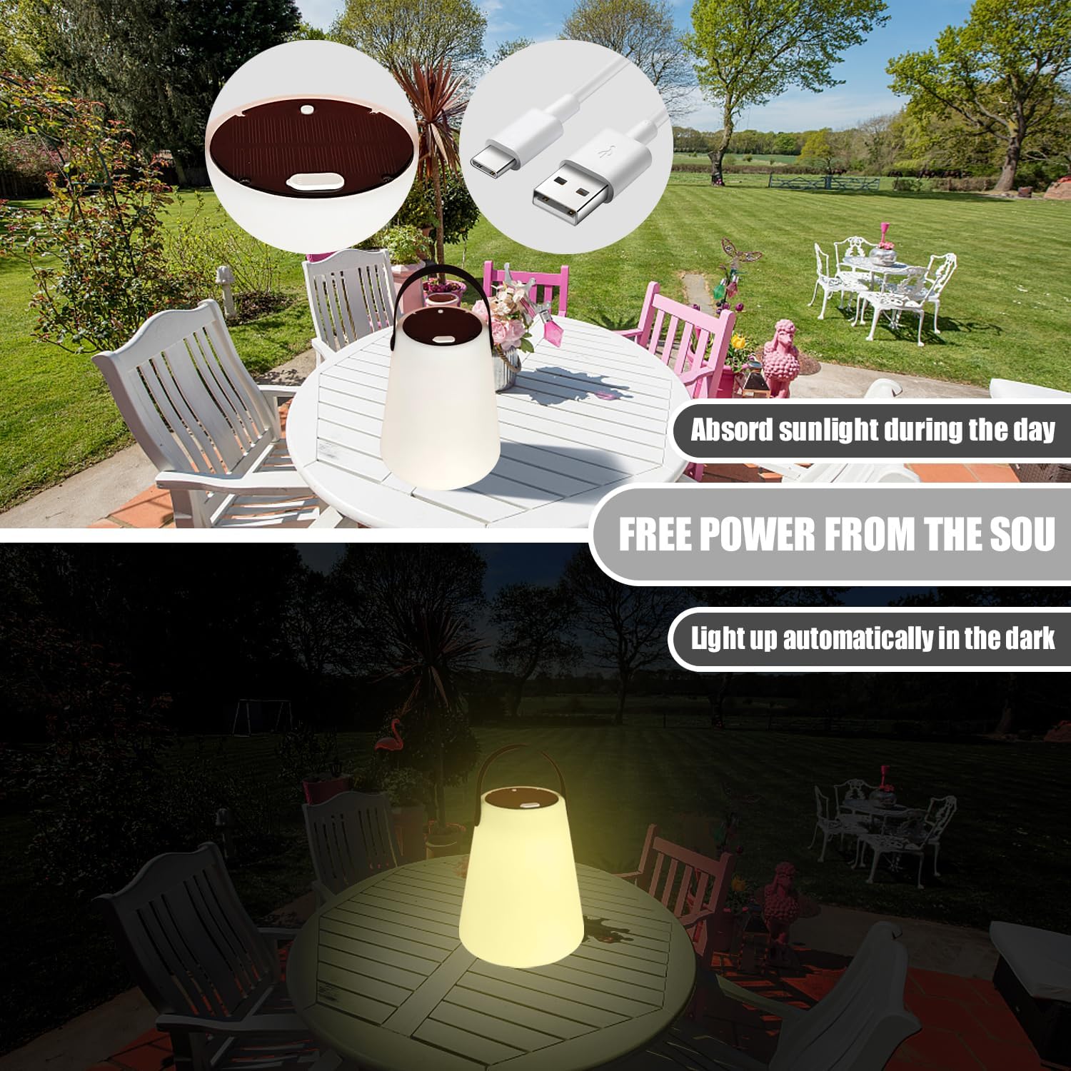 Lámpara solar inalámbrica que cambia de color, lámpara de mesa regulable de 5 vías, linterna de camping RGB para jardínsala de estardormitorio