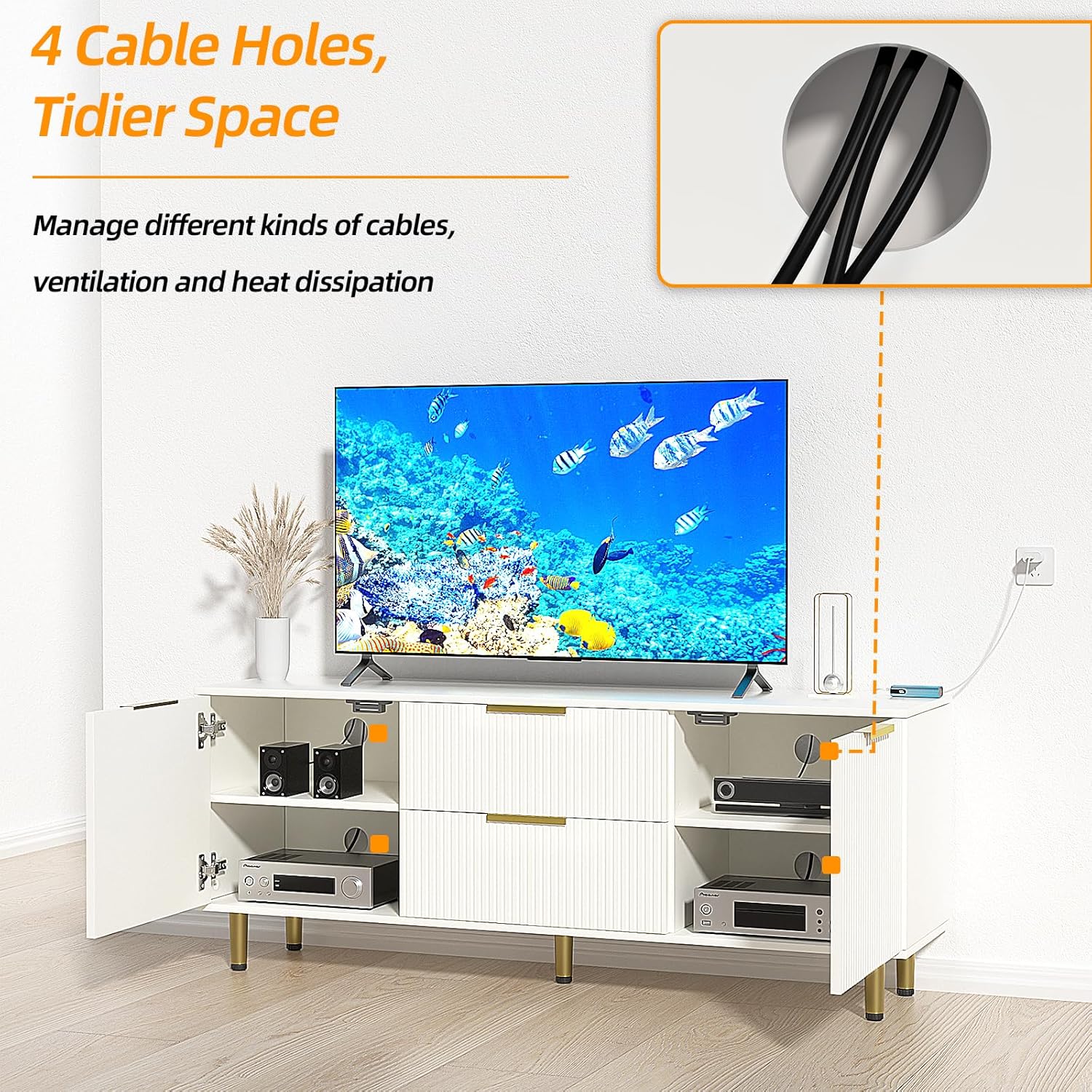 Furniwood Soporte de TV moderno de mediados de siglo para TV de más de 65 pulgadas, centro de entretenimiento con almacenamiento y 2 cajones