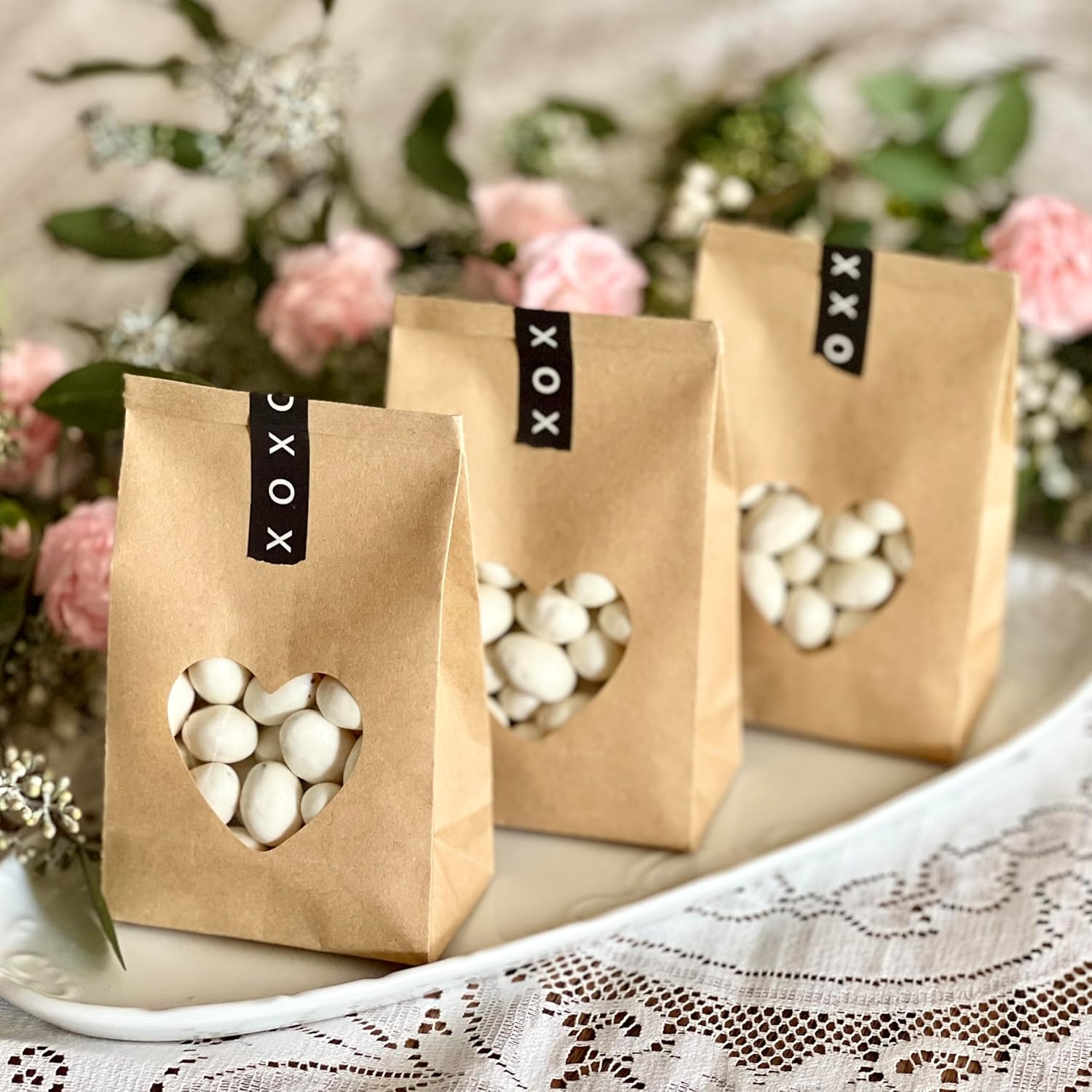 Bolsas de panadería con ventana de corazón, bolsas de papel kraft extra pequeñas, 100 unidades de 3.3 x 5.5 x 2 pulgadas, bolsas de bloqueo de