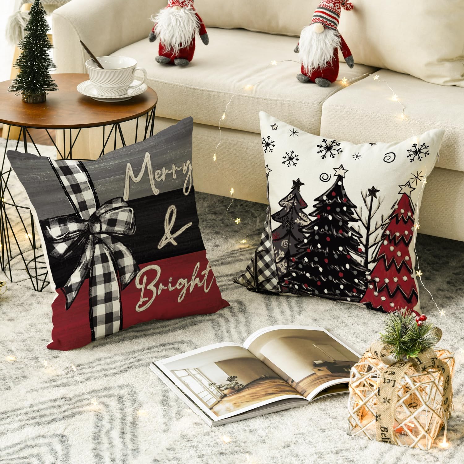 AVOIN colorlife Juego de 4 fundas de almohada rojas con árboles de Navidad, 16 x 16 pulgadas, decoración de Navidad y vacaciones de invierno para