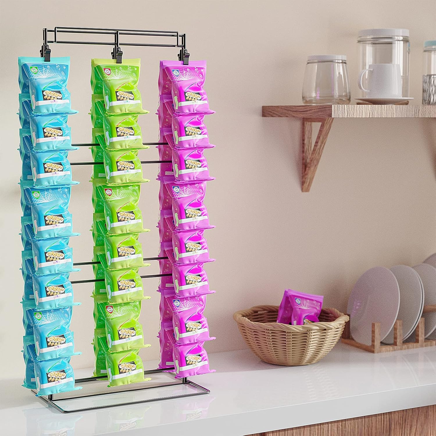 Eazy2hD Estante de patatas fritas mejorado con 54 clips, soporte de chips de 3 filas para fiestas, soporte para bolsas de chips de encimera,