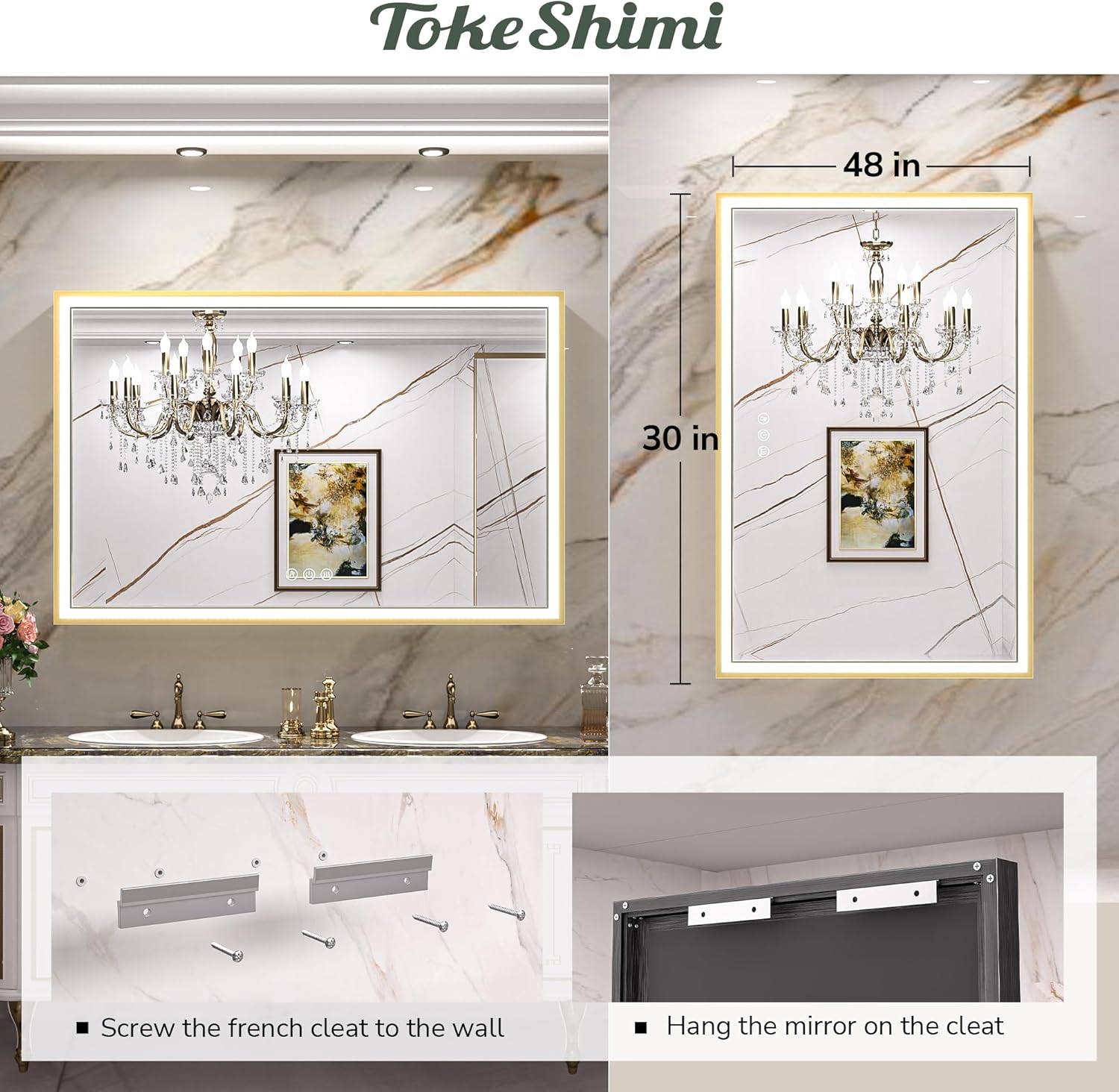 TokeShimi Espejo de tocador de baño LED dorado de 48 x 30 pulgadas para pared con luz biselada en ángulo de 45, 3 colores, antivaho, marco mate de