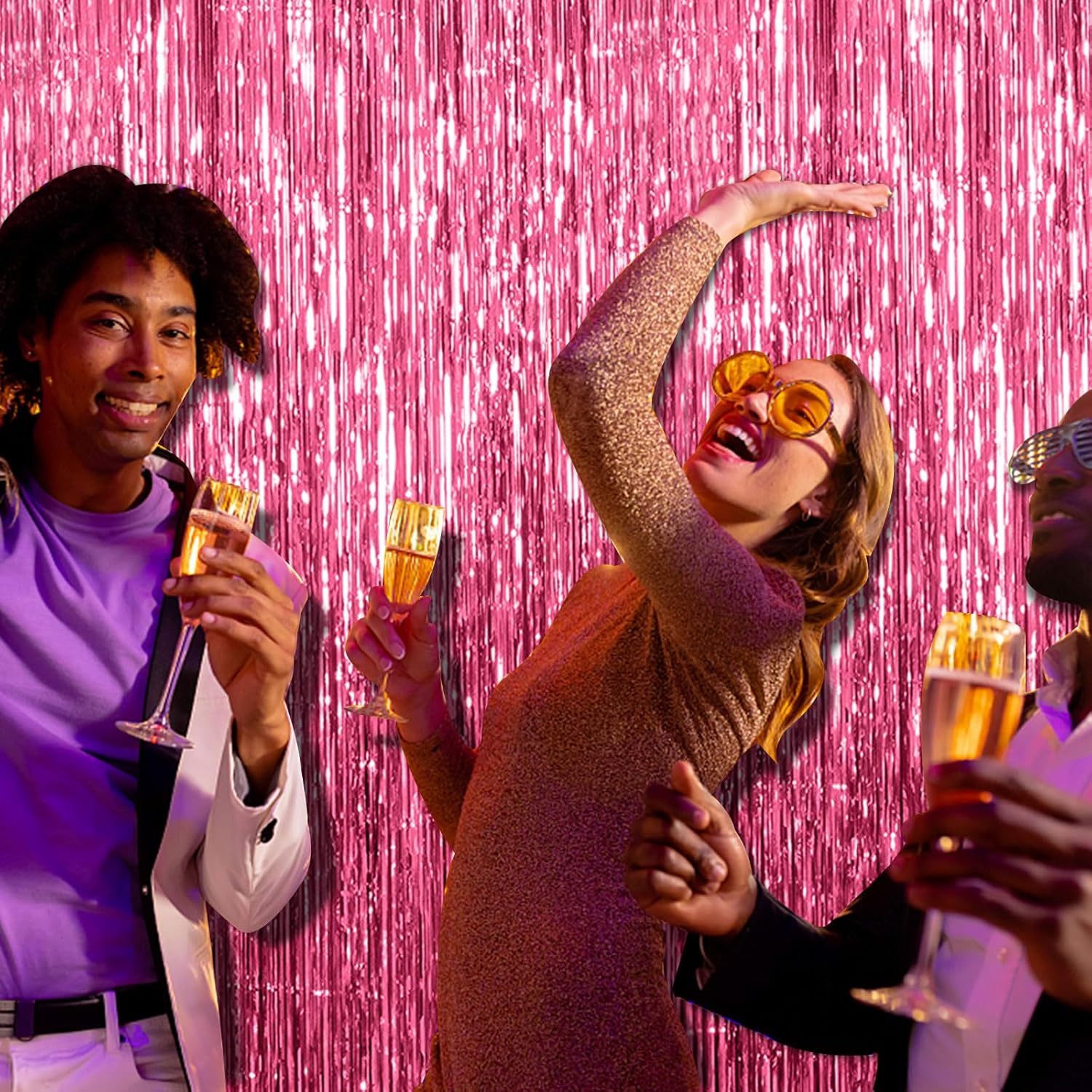 Paquete de 3 telón de fondo rosa para decoración de fiesta de cumpleaños, cortinas de flecos de papel de oropel de aluminio, serpentina, despedida