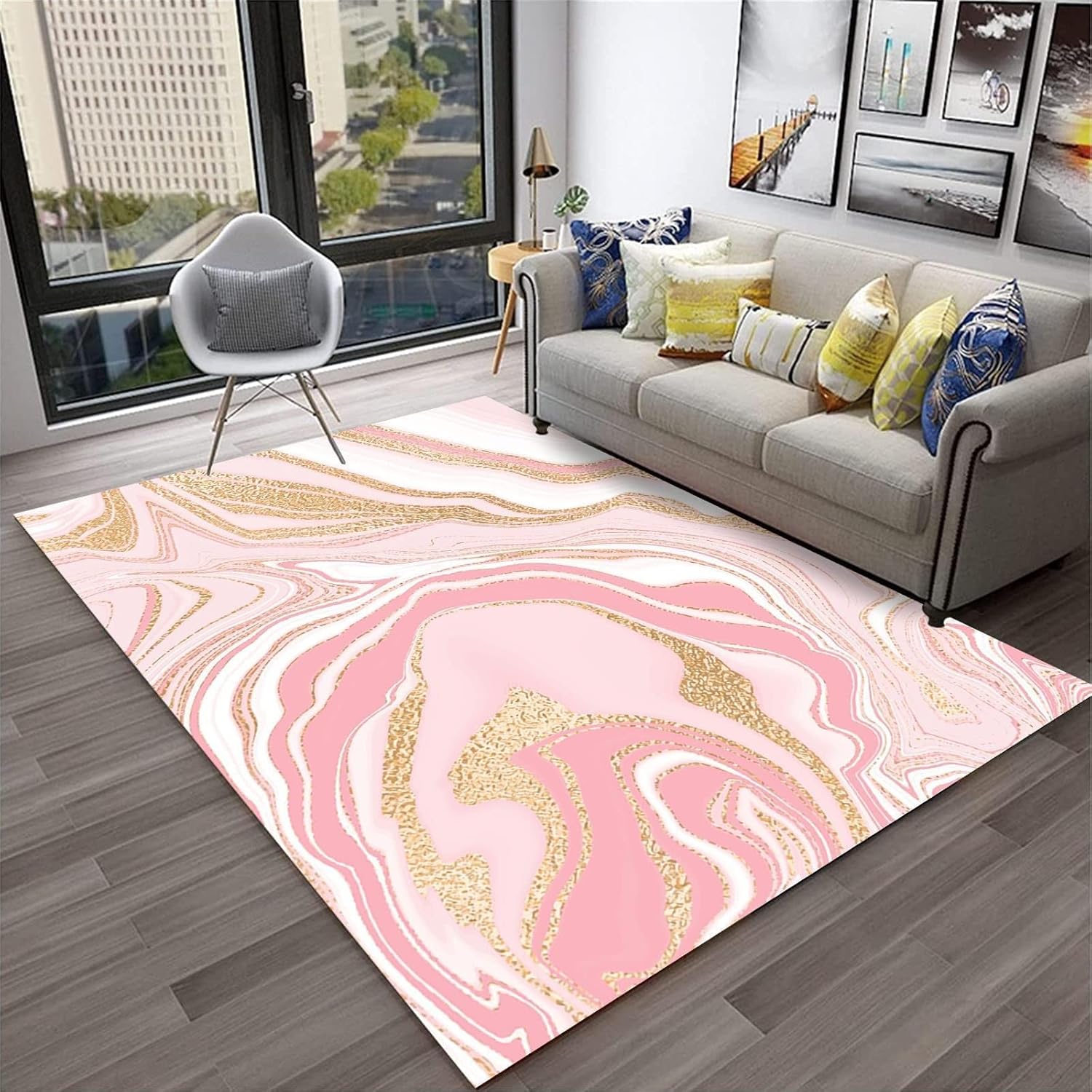 Alfombra ligera de lujo de arte geométrico para sala de estar, alfombras modernas abstractas con textura de mármol rosa dorado, antideslizante,