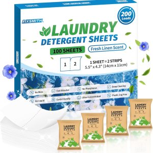 FIXSMITH Hojas de detergente para ropa  200 cargas (100 hojas) aroma de lino fresco  Hipoalergénico, tiras de detergente para ropa ecológicas, FIXSMITH Hojas de detergente para ropa  200 cargas (100 hojas) aroma de lino fresco  Hipoalergénico, tiras de detergente para ropa ecológicas,