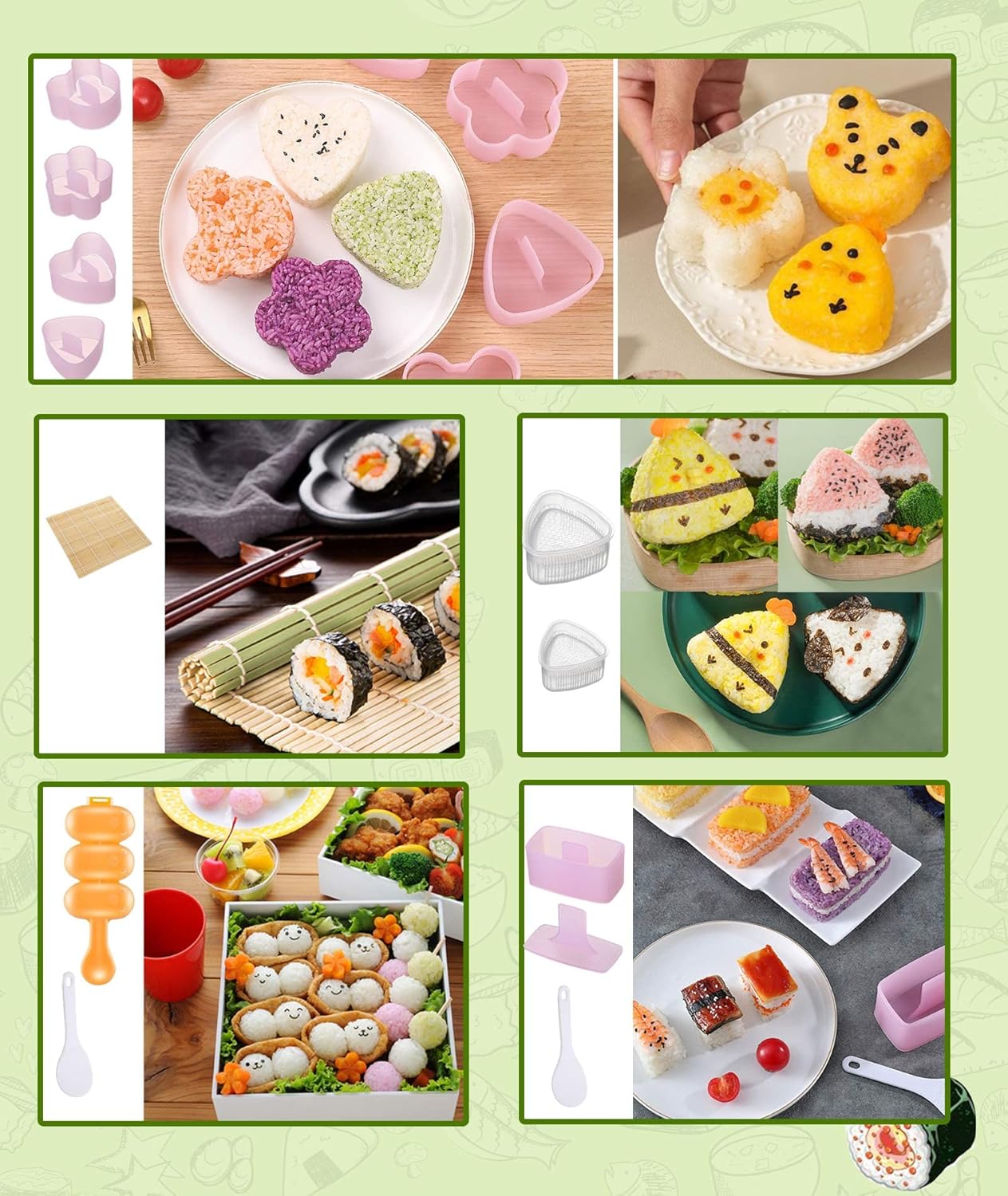 Juego de 12 moldes de onigiri, kit de fabricación de sushi, molde de bolas de arroz, tapete rodante de sushi, molde de arroz, tenedor de frutas,