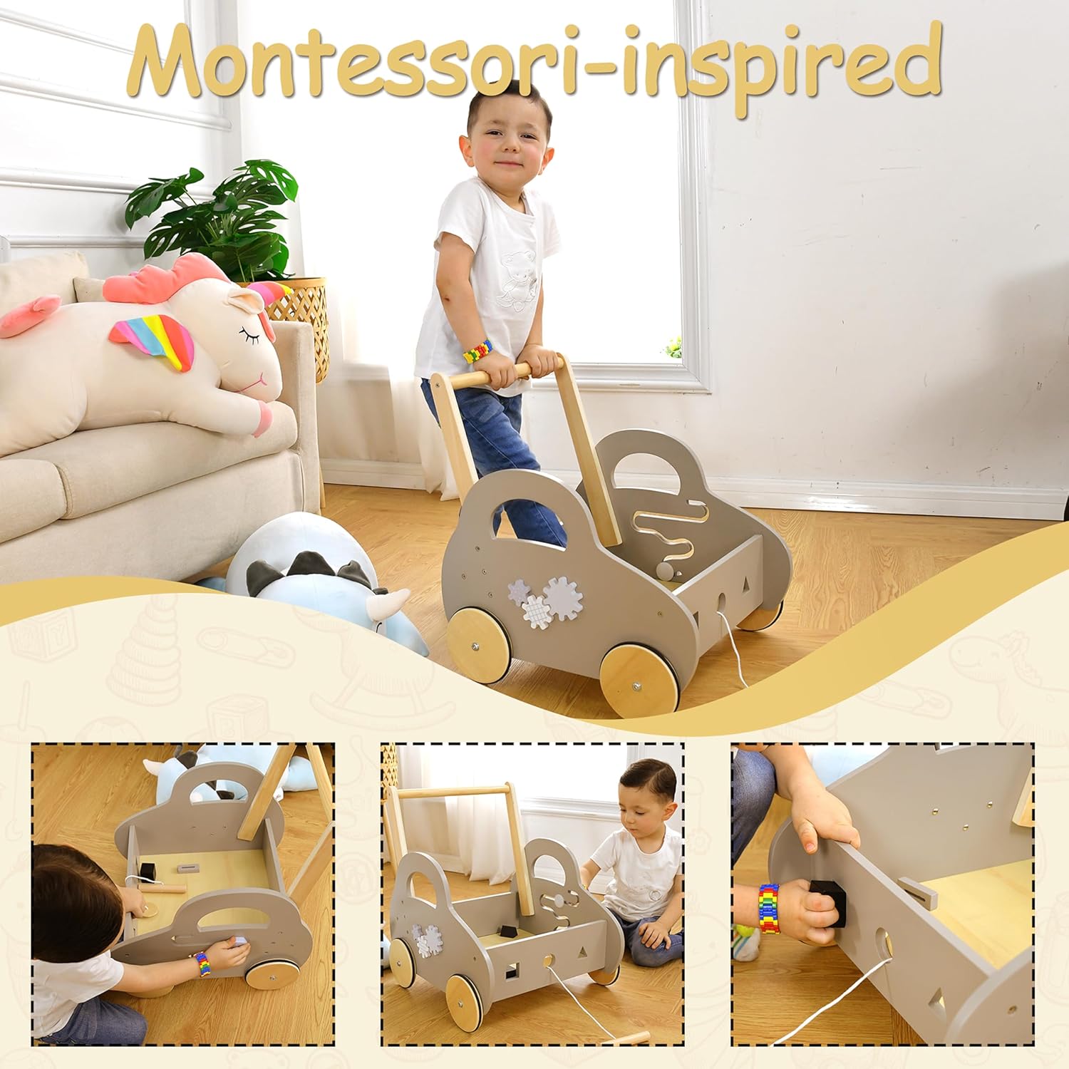 Andador de madera para bebés con ruedas  Andador de bebé con ruedas y asa, juguete educativo de madera para empujar y jalar, carro de actividad