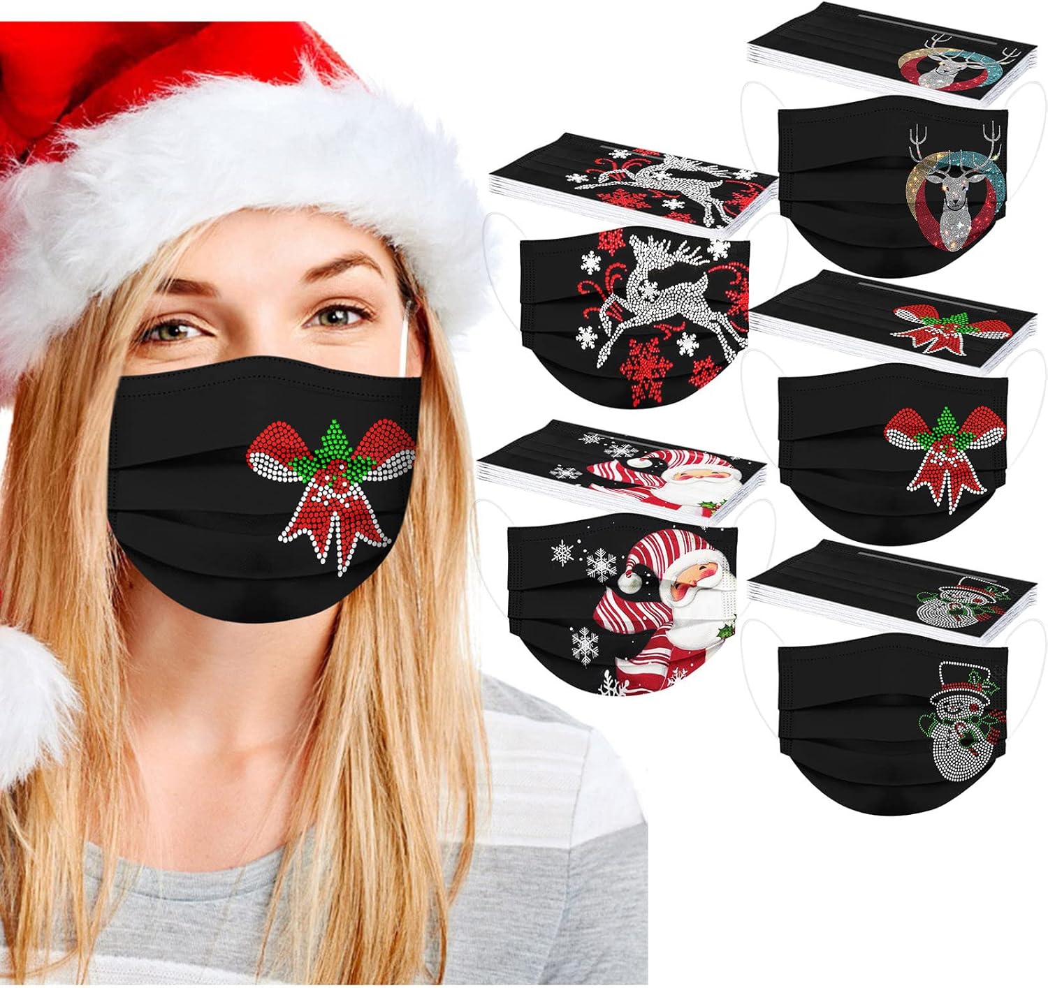 50 cubrebocas desechables de invierno para adultos, 3 capas con alambre para la nariz, diseño de copos de nieve, Papá Noel, renos
