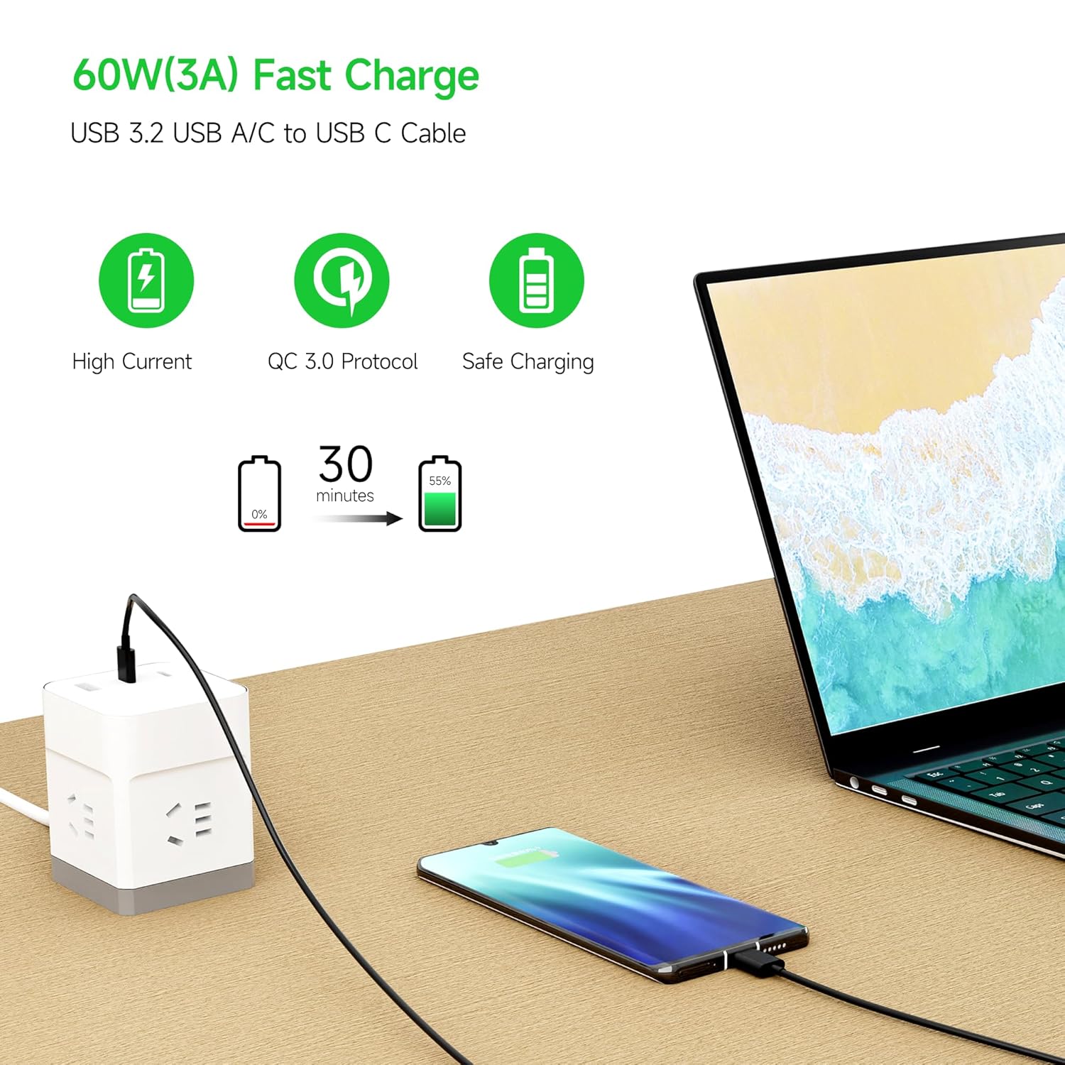 Cable USB 3.2 USB AC a USB C, carga rápida de 60 W (3A), compatible con SwitchMacBook Pro 2020iPad ProAIRMini 6Samsung Galaxy S10S23S22S21 Note