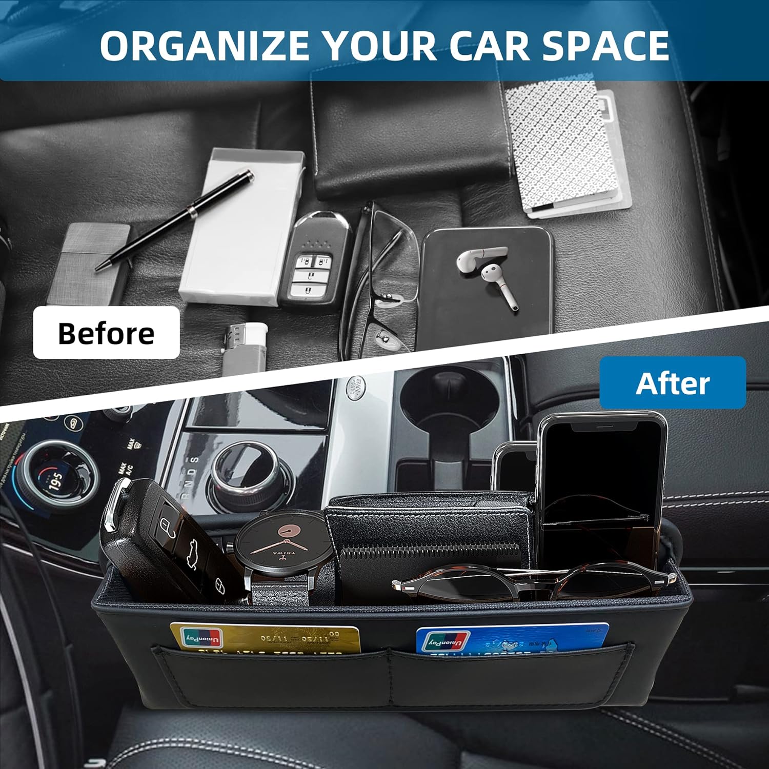 MISSEIAR Relleno de espacio para asiento de automóvil, 2 paquetes de cuero de alta calidad, organizador de espacio para asiento de automóvil, caja