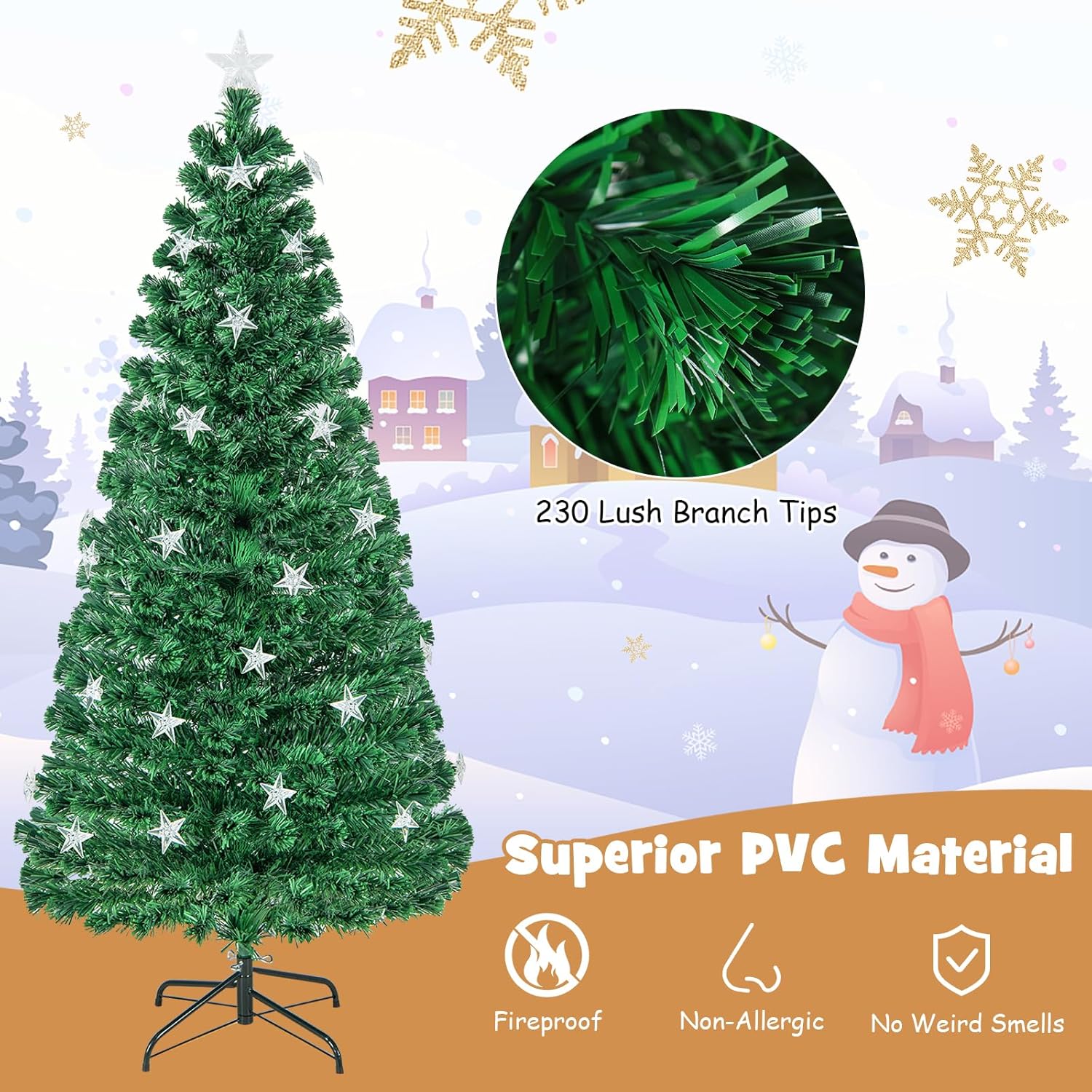 HAPPYGRILL Árbol de Navidad preiluminado de 6 pies, árbol de Navidad artificial con 230 puntas de rama, 30 luces de estrella blancas cálidas, fibra