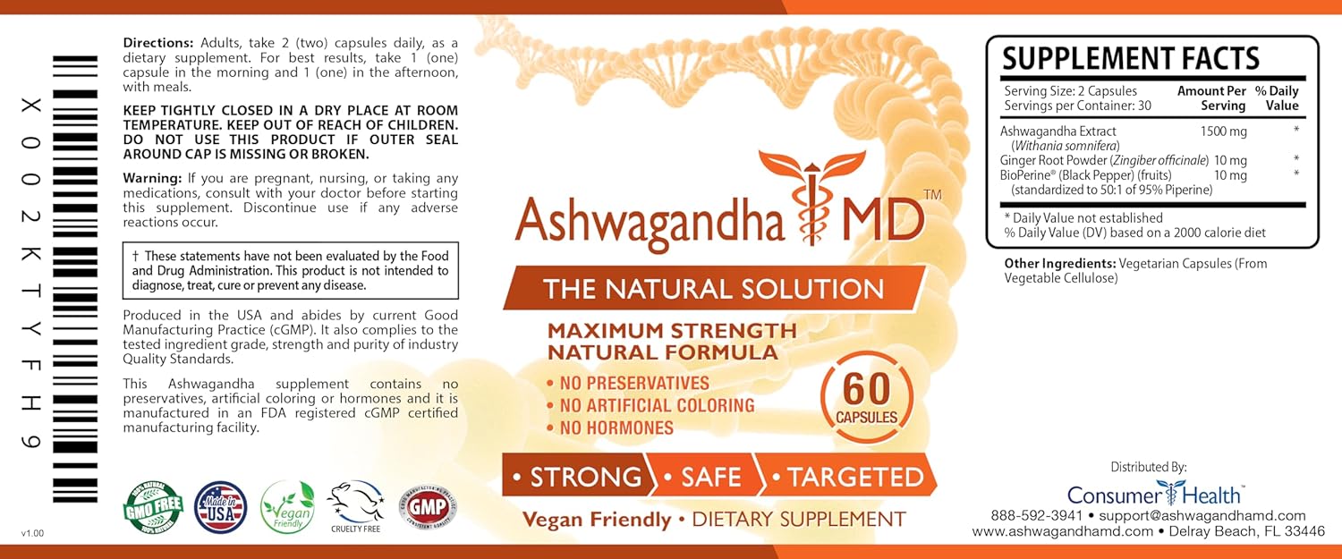 Ashwagandha MD con jengibre y bioperina. Reduce el estrés, mejora el estado de ánimo, mejora el sueño. Orgánico y vegano 60 cápsulas – 1 botella –