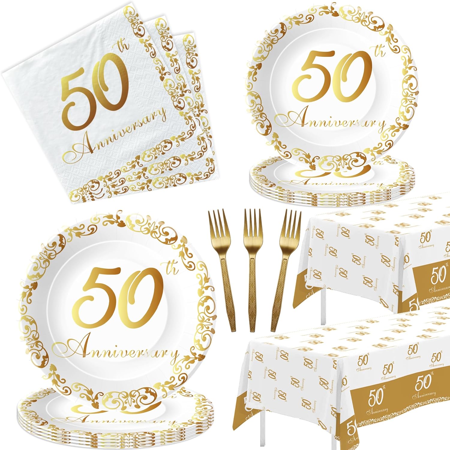 Decoraciones y suministros para el 50 aniversario  Decoraciones doradas de aniversario de boda del 50 aniversario de boda, plato, servilleta,