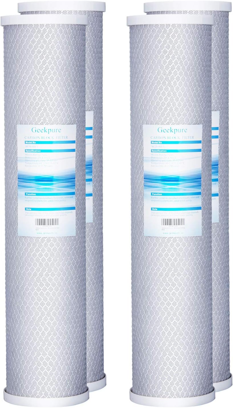 Geekpure Filtro de agua de bloque de carbono de 20 pulgadas que elimina olores de sabor a cloro para filtración de toda la casa, 4.5 x 20 pulgadas