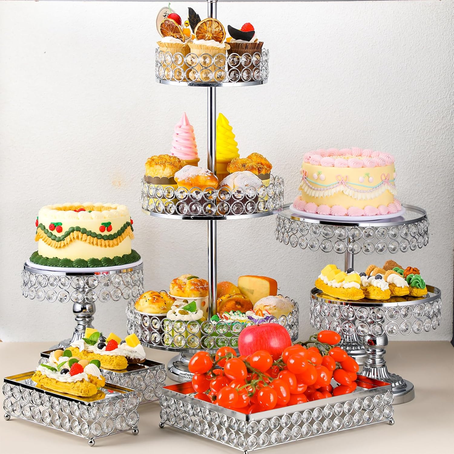 Tioncy Juego de 7 soportes para tartas con espejo de cuentas de cristal, soportes de mesa de postres de metal para mesa de postres y cupcakes para