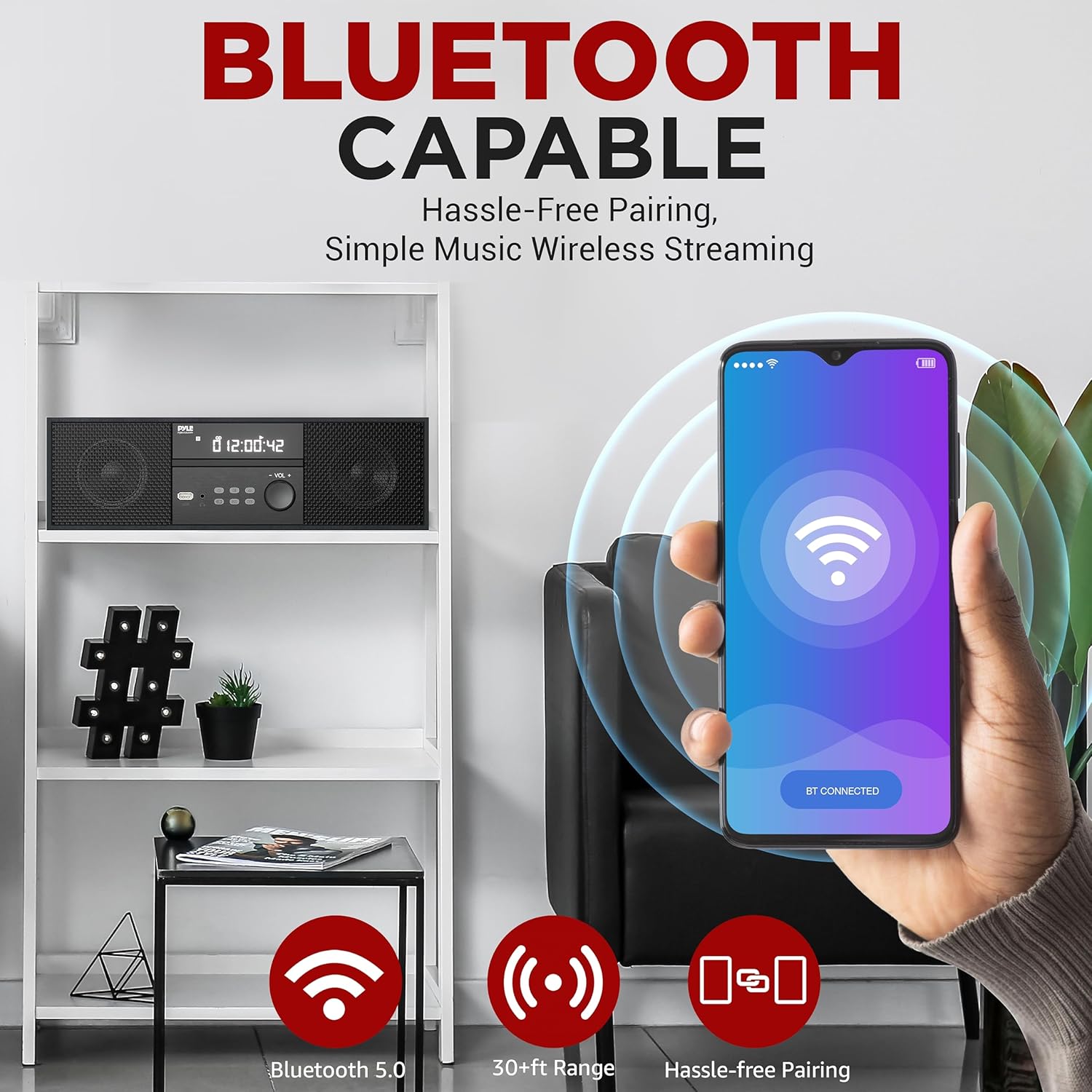 Pyle Sistema de estante estéreo de CDDVD para el hogar, reproductor de 200 W con micrófono inalámbrico, conectividad BT, radio FMUSBauricularesAUX,