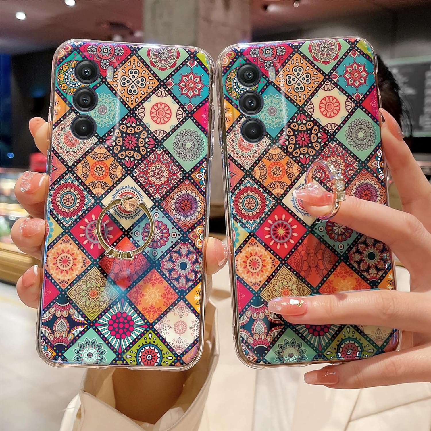 Funda para teléfono Moto G Stylus 5G 2022 con soporte de anillo dorado para niñas y mujeres, diseño de mandala retro floral, delgada, a prueba de