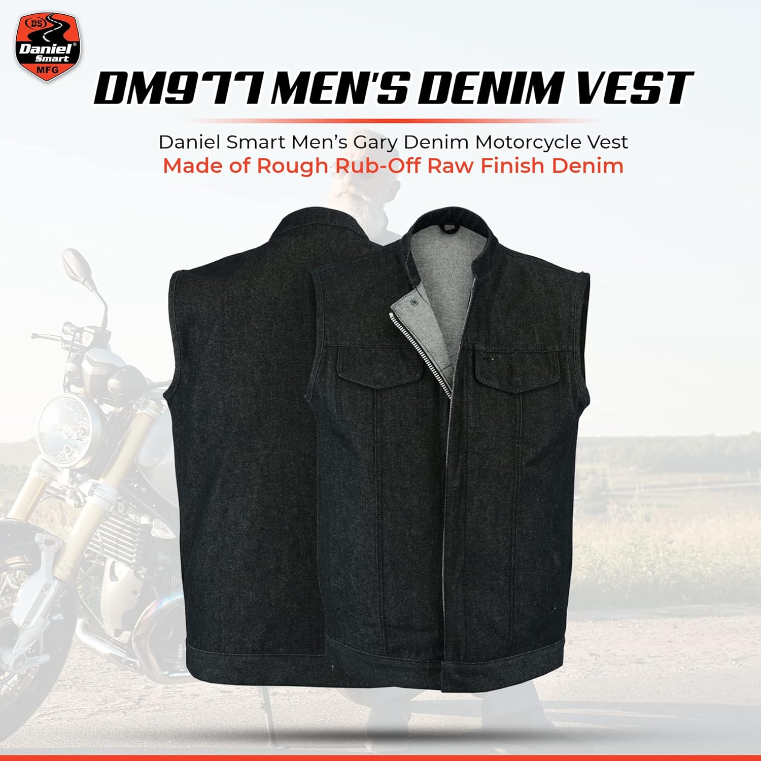 Daniel Smart Biker Vest for Men Rough Blue & Black Denim Vest with Unique Scoop Collar Design & Concealment Armory Pocket