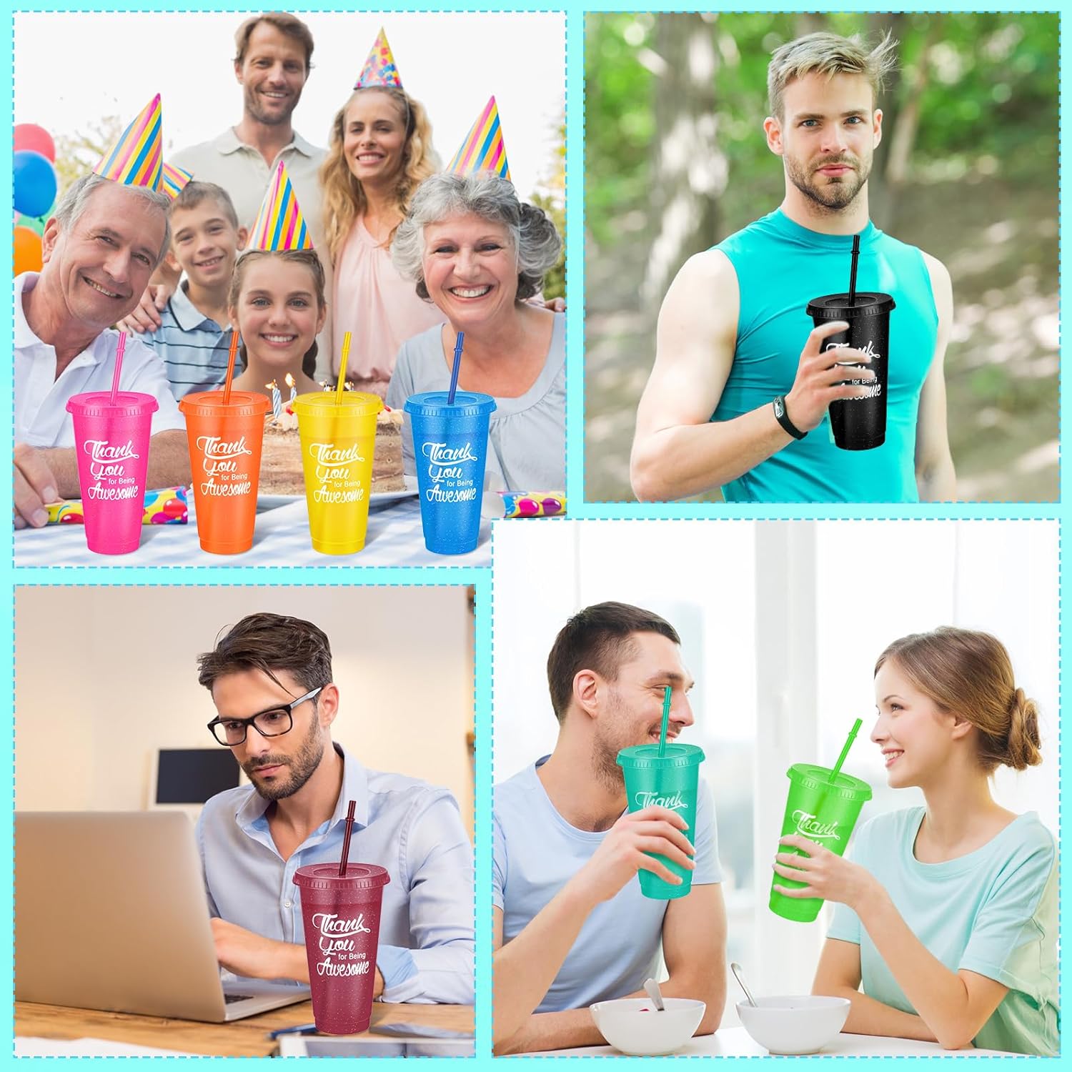 Vaso con popote y tapa, tazas de agradecimiento de 24 onzas, vasos de plástico reutilizables para café helado, botella de agua para bebidas frías a