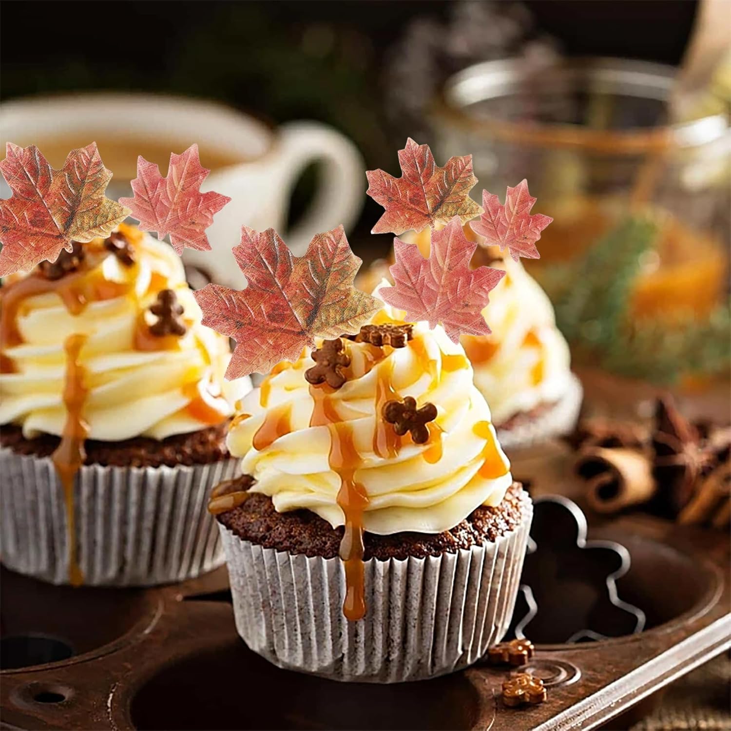 Paquete de 40 adornos comestibles de hojas de otoño para cupcakes de hojas doradas, hojas de arce de otoño, oblea de arroz, decoración de pasteles