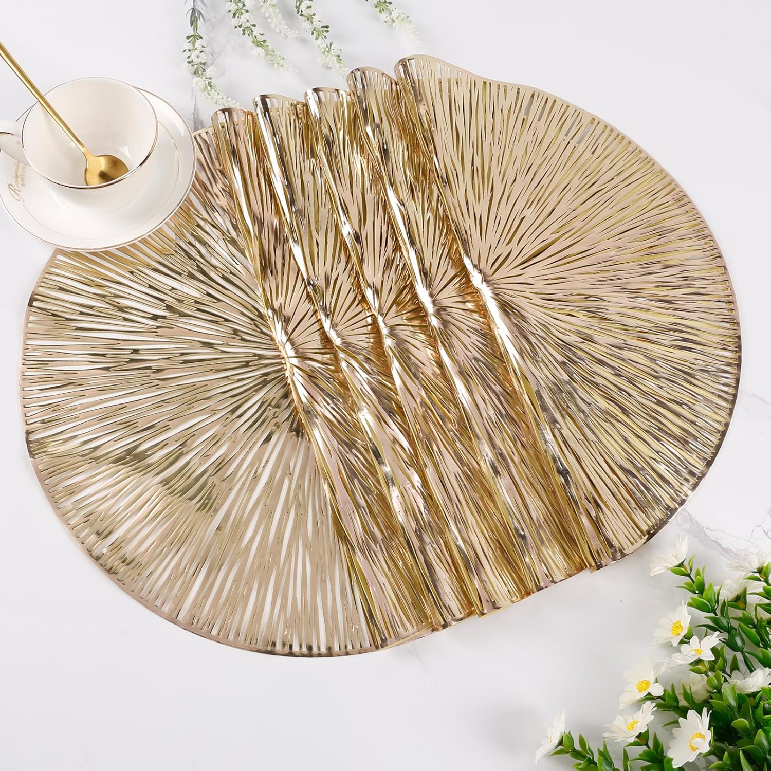Evevda Juego de 6 manteles individuales redondos para mesa de comedor, manteles individuales de vinilo metálico prensado de plástico, decoración de