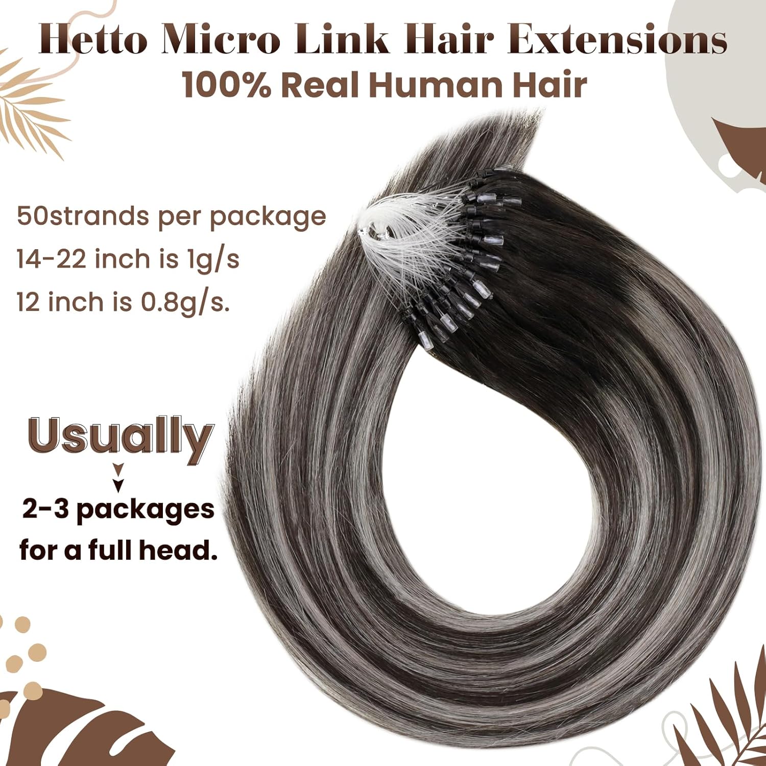 Hetto Micro Loop – Extensiones de cabello humano real de microcuentas preunidas, #1bplateado, negro degradado a plateado con micro enlace,