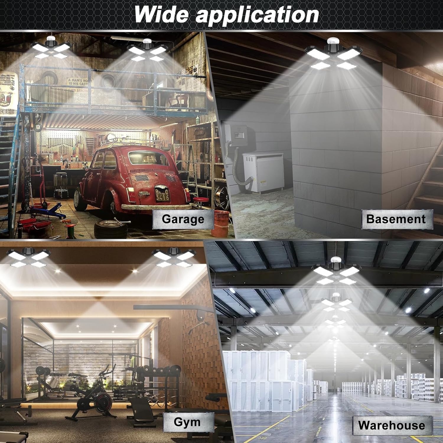 AUDLES Luz de garaje, luces LED de 150 W, luz LED E26E27 para garaje, luces de techo LED súper brillantes con 4 paneles deformables Iluminación de