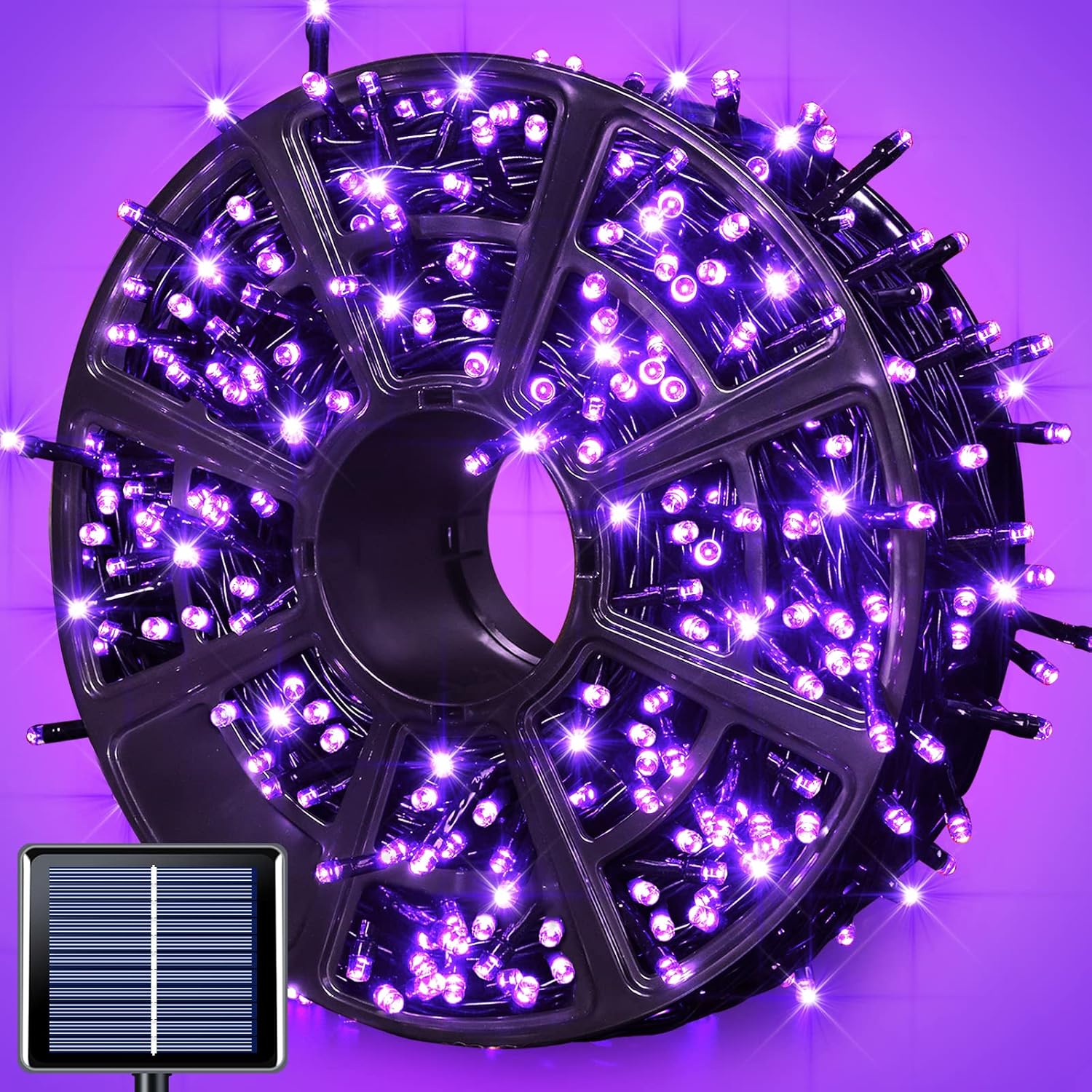 JMEXSUSS 600 luces LED solares moradas de Halloween, 206.7 pies, luces solares de Navidad impermeables para exteriores, 8 modos de luces moradas