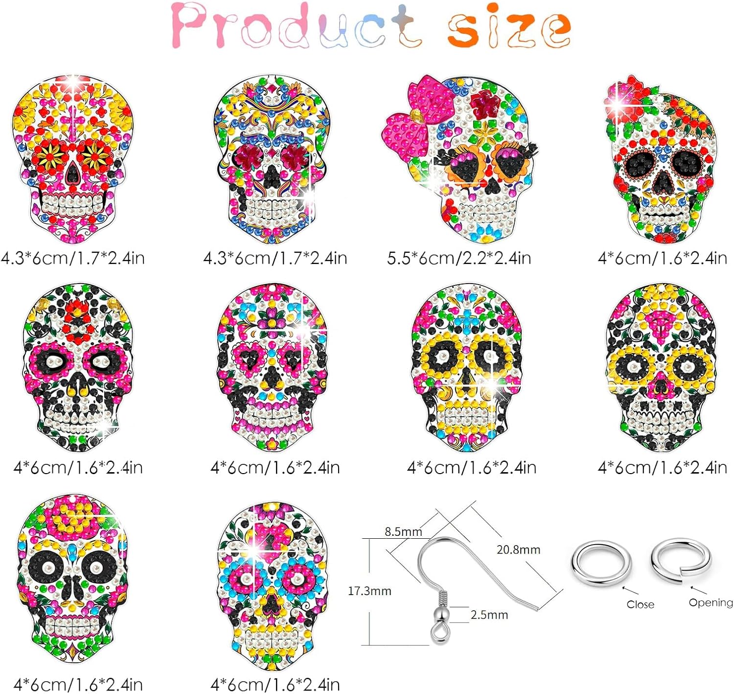 Juego de 10 pares de aretes de diamantes 5D con forma de calavera para el Día de los Muertos, pintura de diamantes para mujeres, México, aretes de