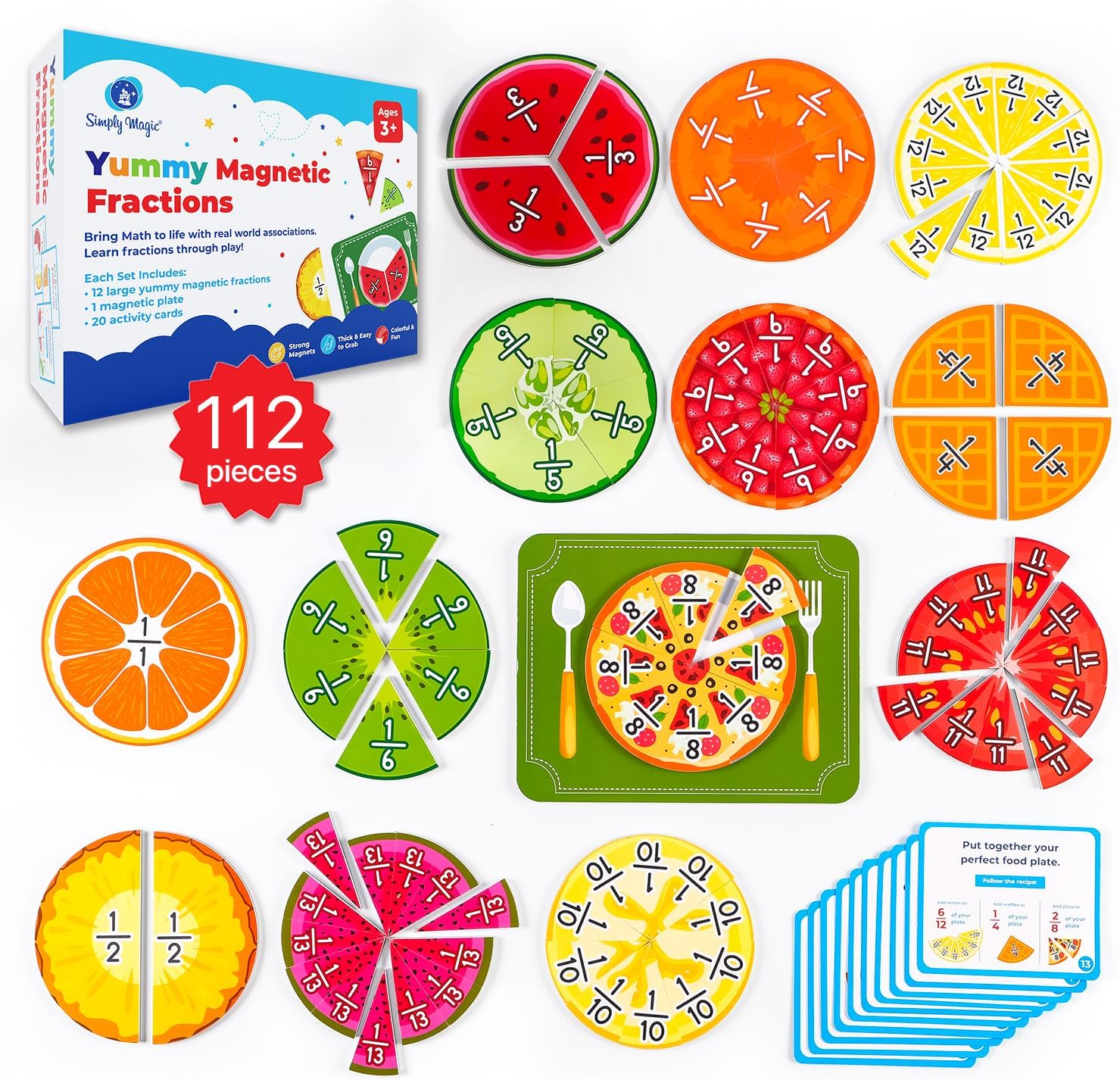 112 piezas de deliciosas fracciones magnéticas, azulejos y círculos de fracción magnética, barras, manipuladores de matemáticas en el aula,
