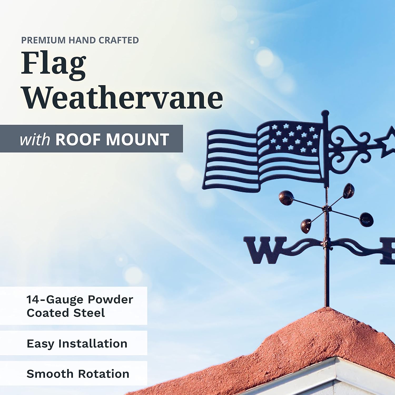 EZ Vane – Veleta de acero con bandera de Estados Unidos, 21 pulgadas de altura, incluye soporte de techo de metal, vasos de viento y soportes, hecho