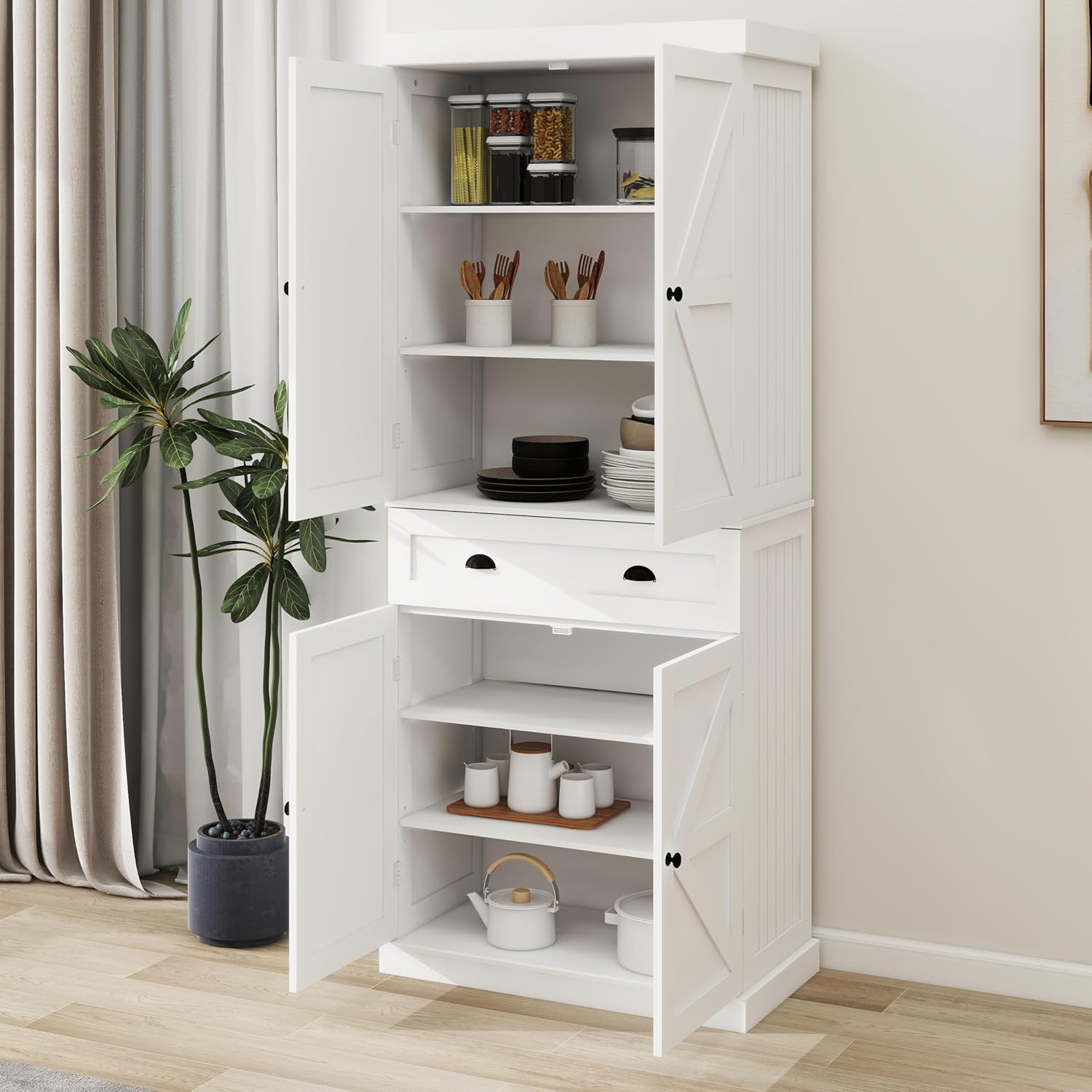 Locsear Armario de despensa de 71 pulgadas de alto con cajón y 4 puertas, armario de almacenamiento versátil con estantes ajustables para cocina,